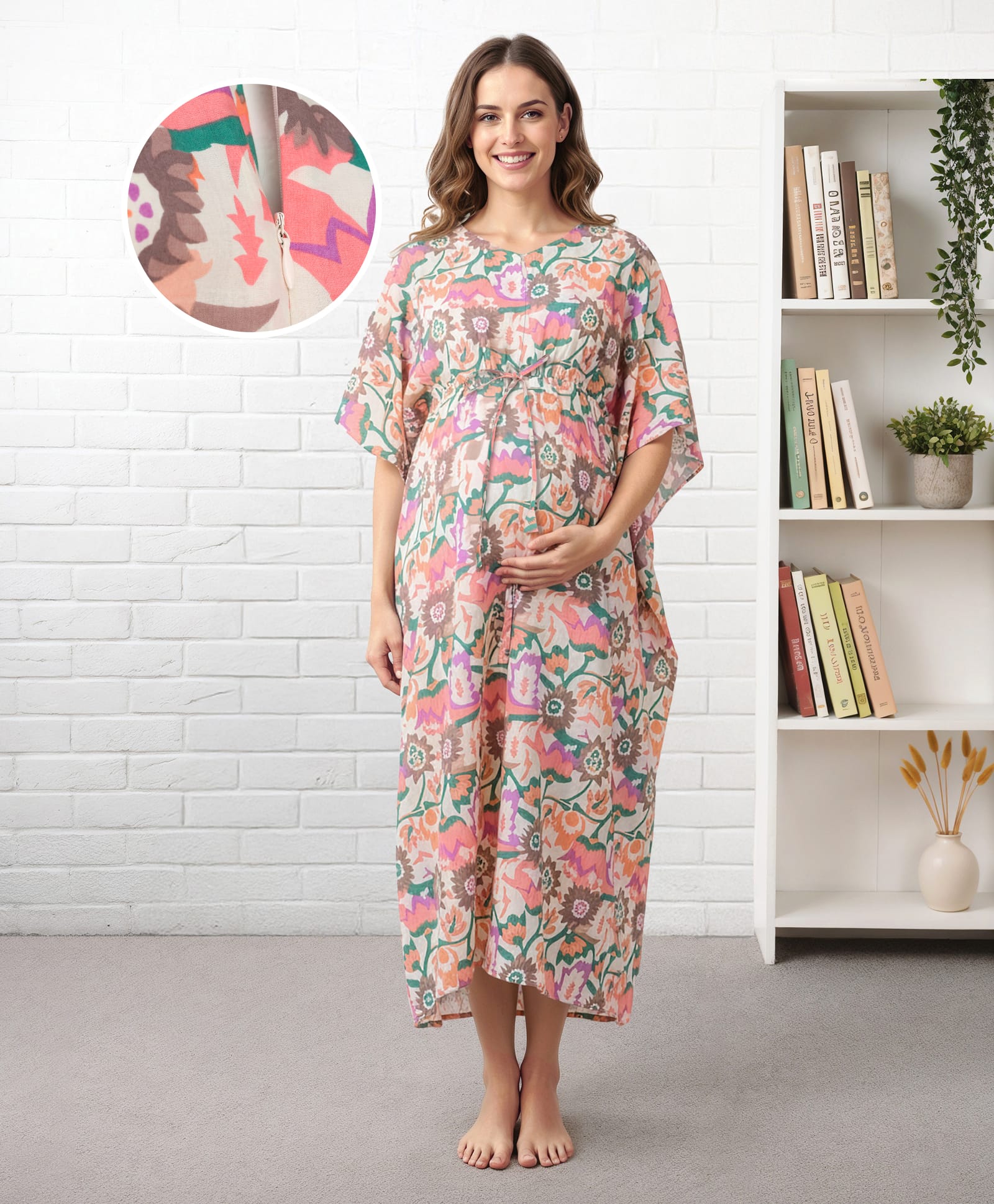 Bella Mama Cotton Woven Half Sleeves Maternity Nursing Kaftan with Floral Print - Multicolor-image-13