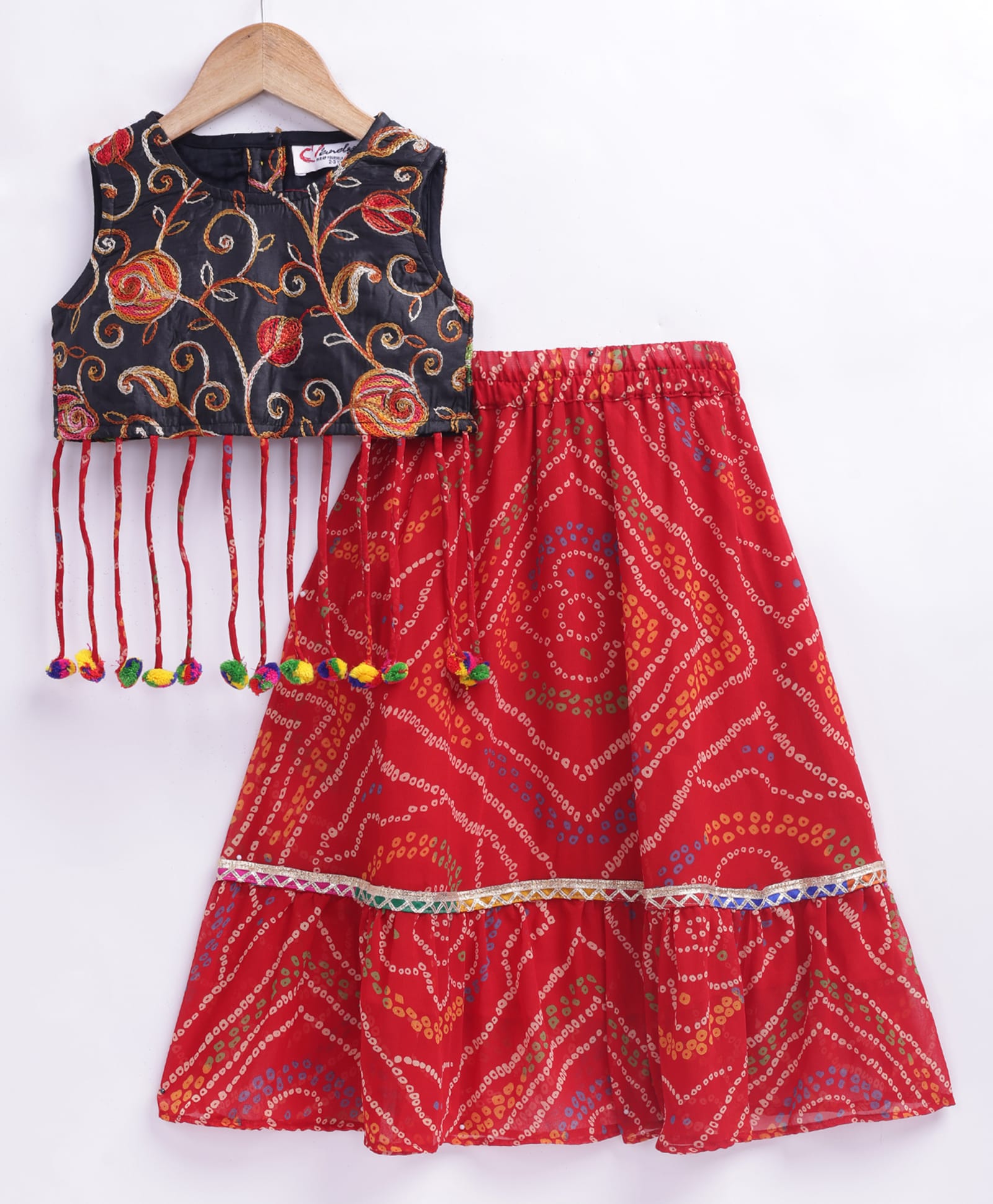M'andy Georgette Woven Sleeveless Floral Embroidered & Tassels Detailed Lehenga Choli Set - Black-picture-21