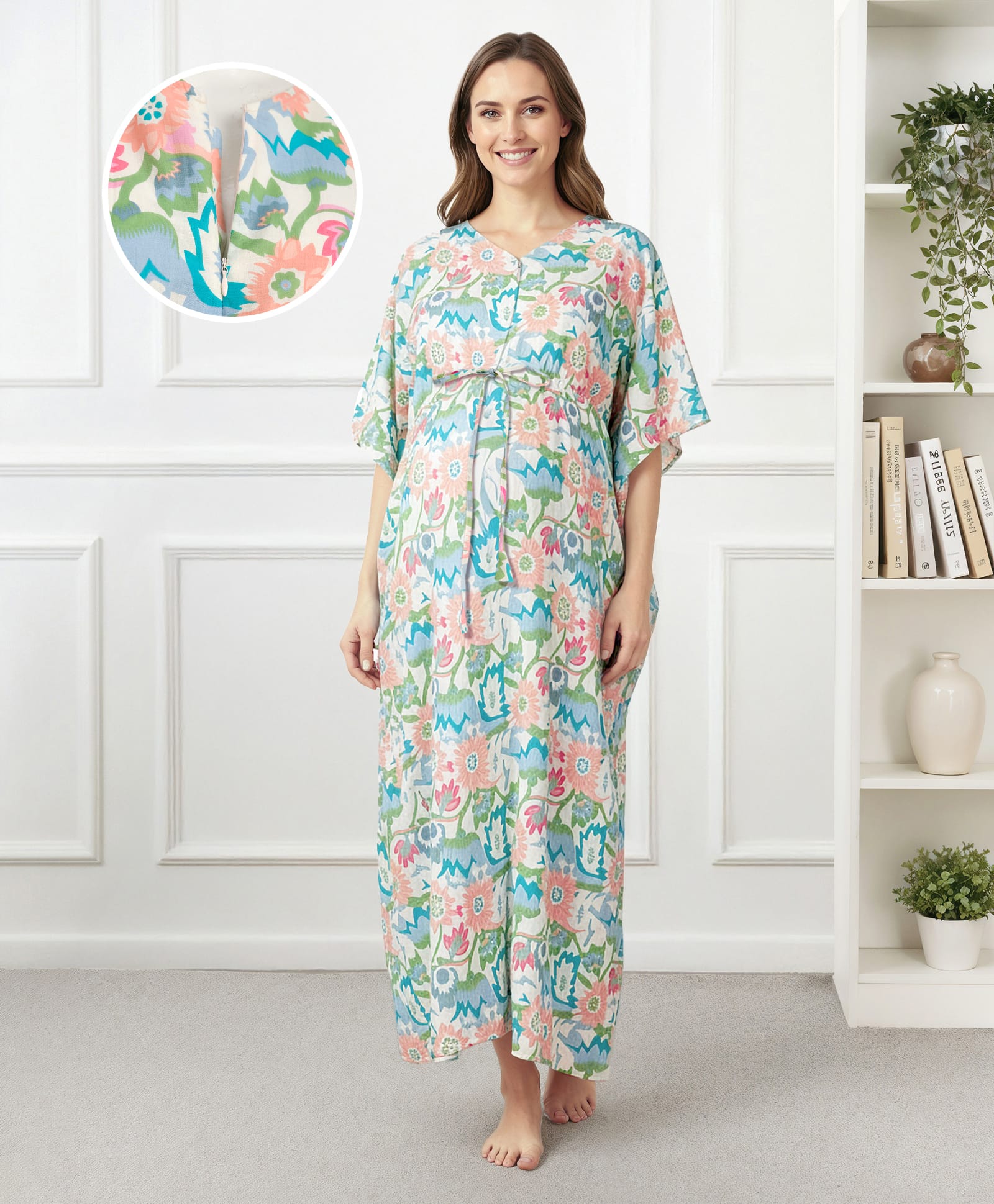 Bella Mama Cotton Woven Half Sleeves Maternity Nursing Kaftan with Floral Print - Multicolor-image-2