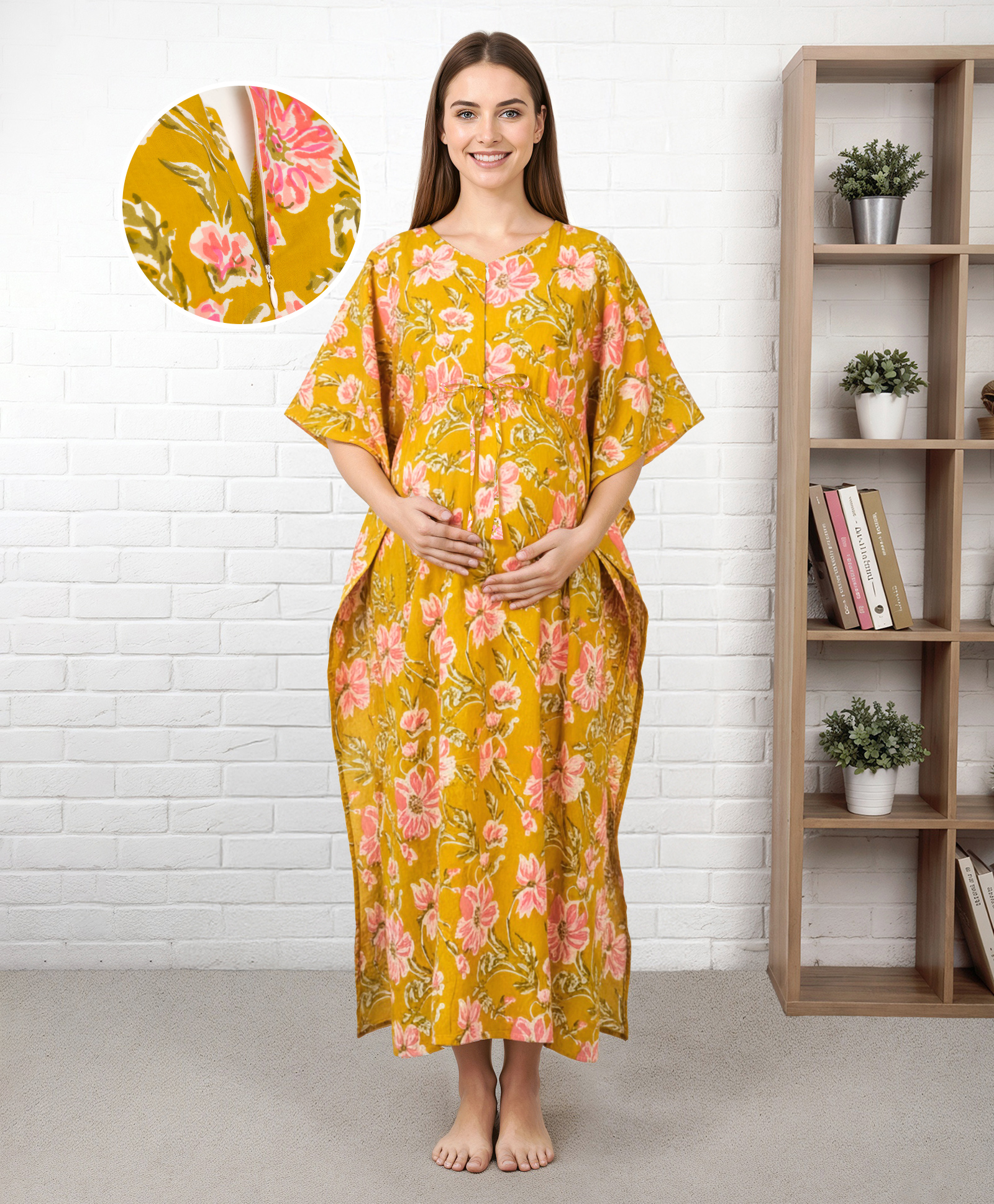 Bella Mama Cotton Woven Half Sleeves Maternity Kaftan With Floral Print - Yellow