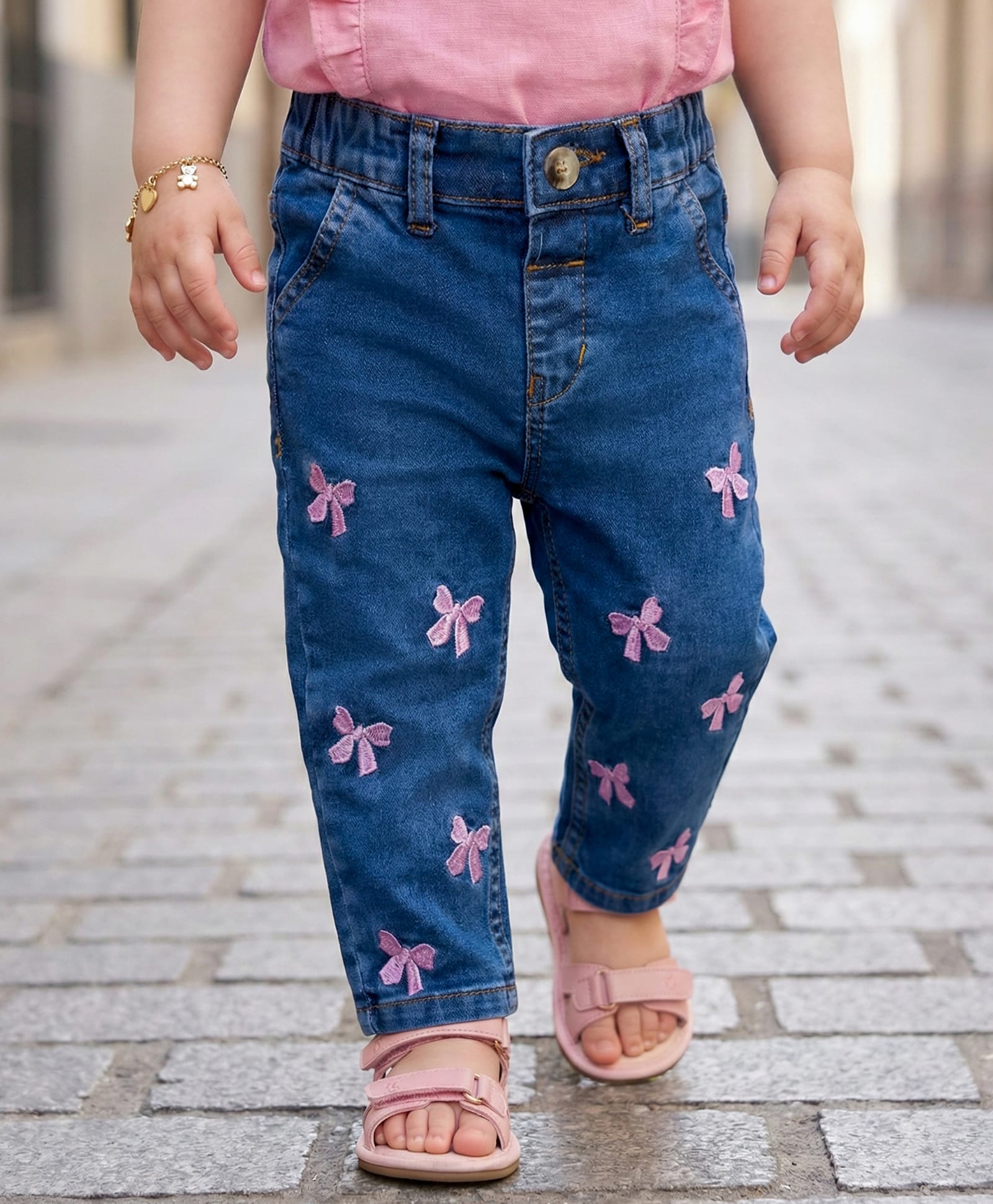 Babyoye Denim Woven Full Length Bow Embroidery Jeans -Mid Blue-picture-30