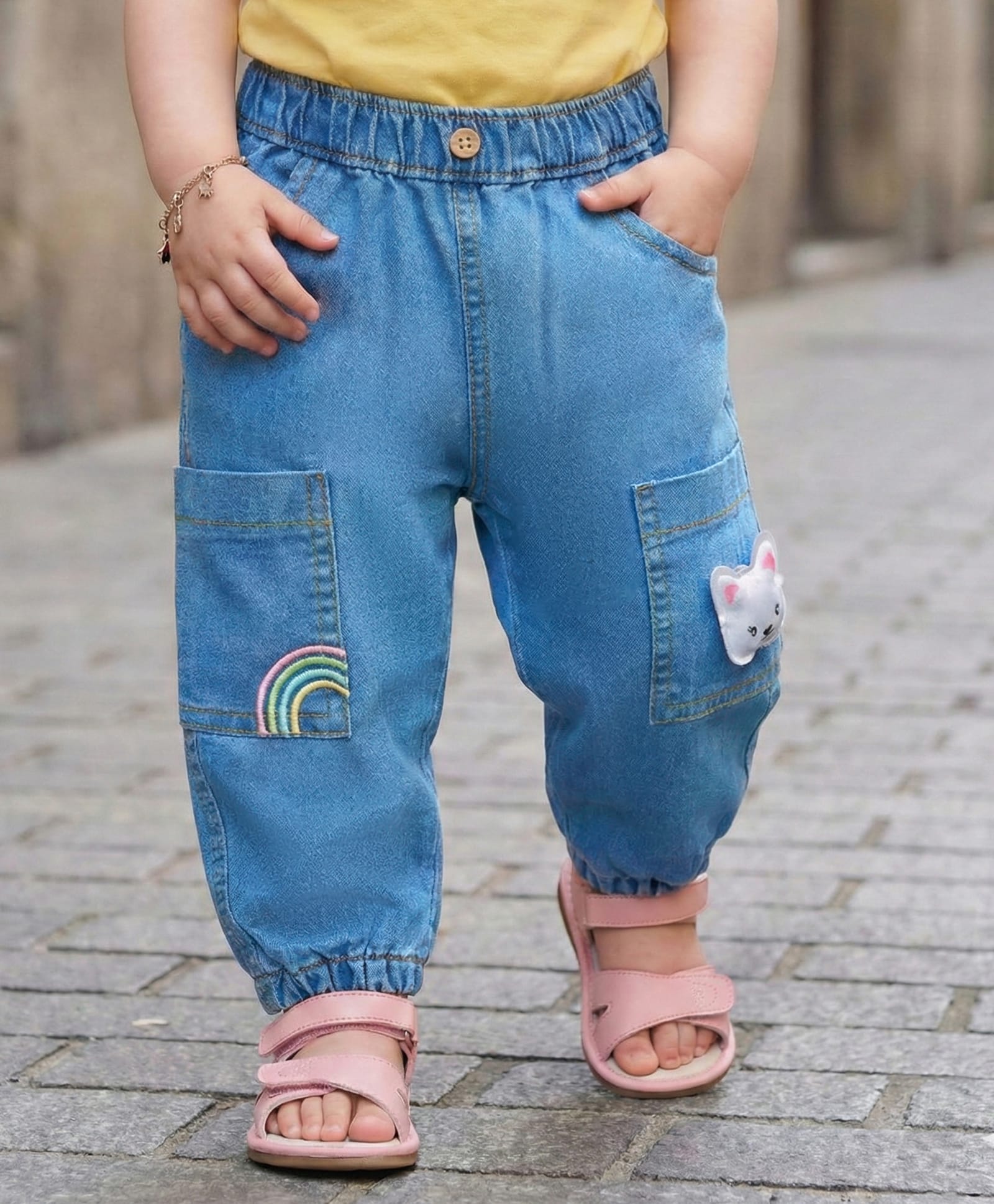 Babyoye Woven Full Length Denim Jeans with Rainbow Embroidery & Bunny Applique - Navy Blue-image-11