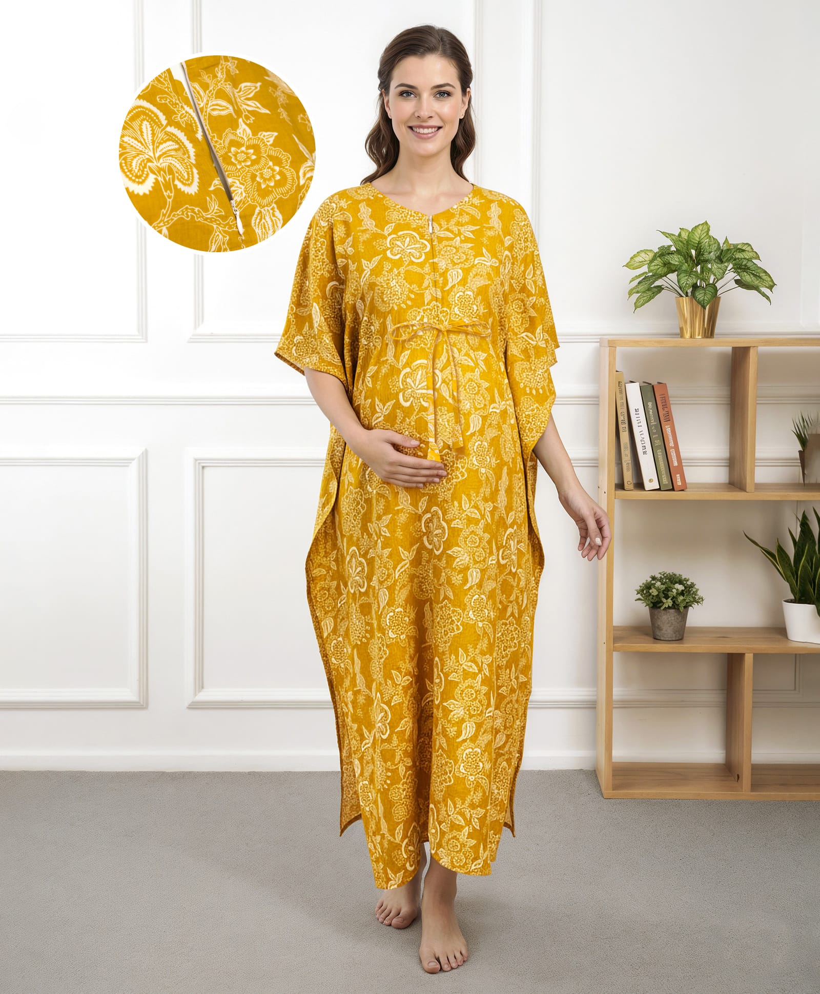 Bella Mama Cotton Woven Half Sleeves Maternity Nursing Kaftan with Floral Print - Yellow-picture-41