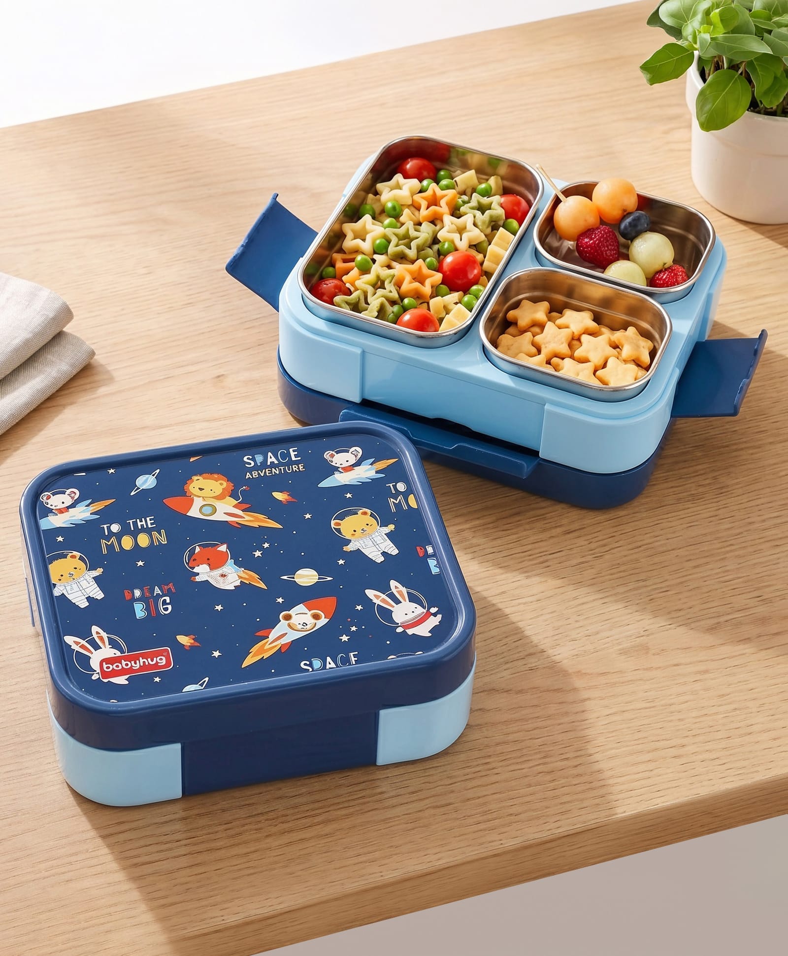Babyhug 3 Compartment Insulated Lunch Box- Space Theme Navy Blue| 450 ml + 200 ml + 200 ml| BPA Free| Food Grade| Individual Air Tight Lids| School Lunch & Snack Box| Perfect for Travel - Blue-image-1