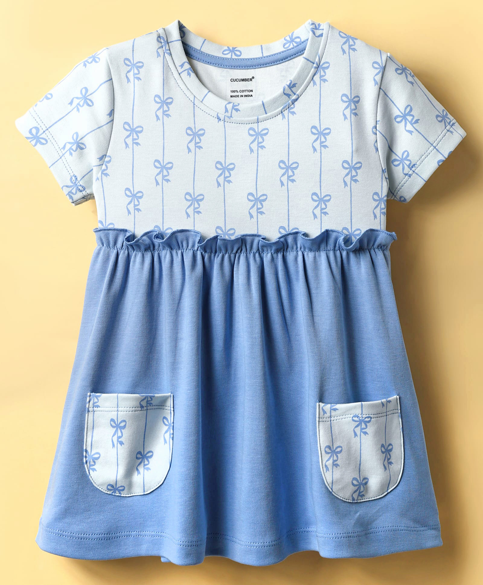 CUCUMBER Interlock Knit Half Sleeves Frock with Bow Print - Blue-picture-34