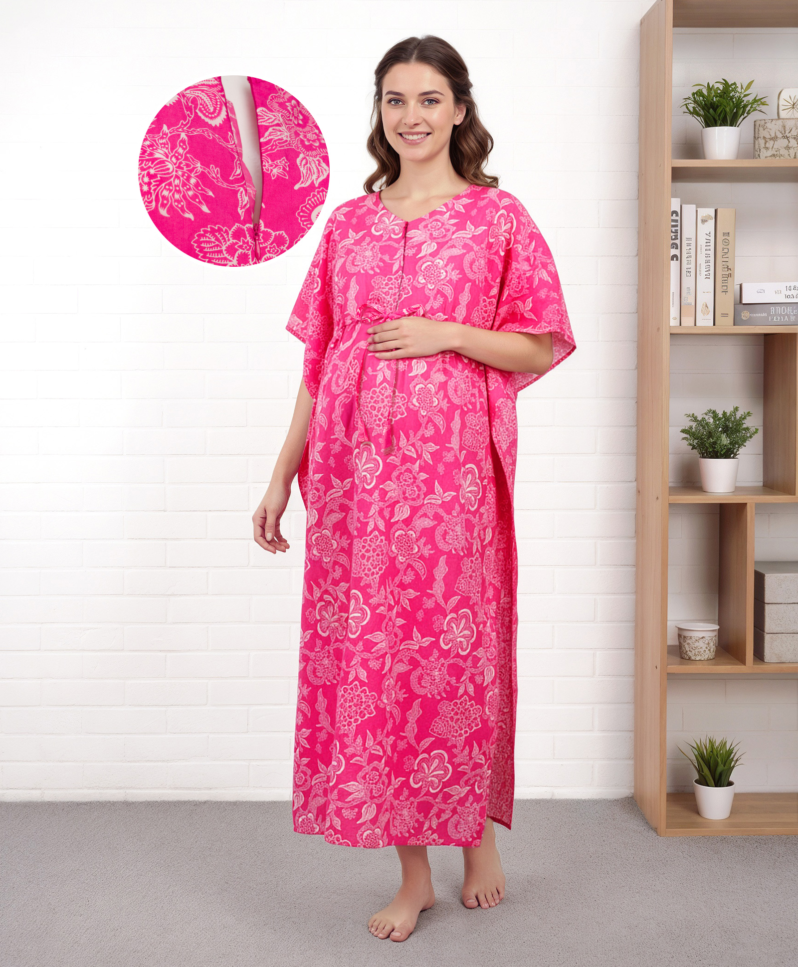 Bella Mama Cotton Woven Half Sleeves Maternity Kaftan With Floral Print - Pink-image-19