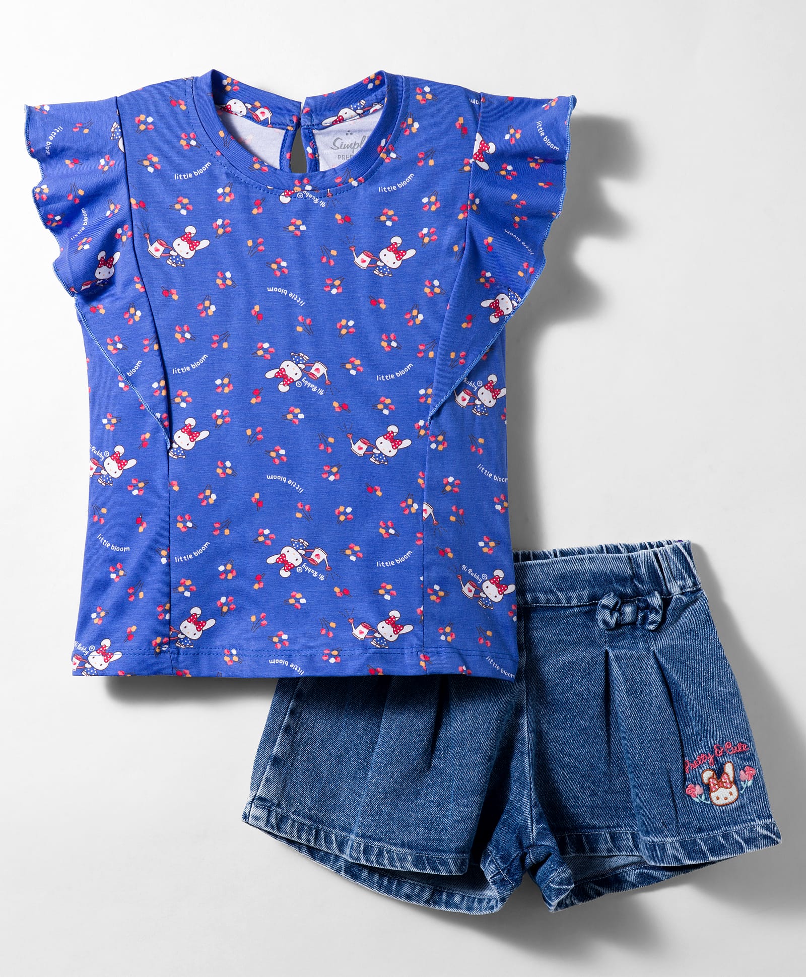 Simply Premium Cotton Lycra Knit Frill Sleeves Top & Denim Skort Set With Bunny & Floral Print - Blue-picture-13