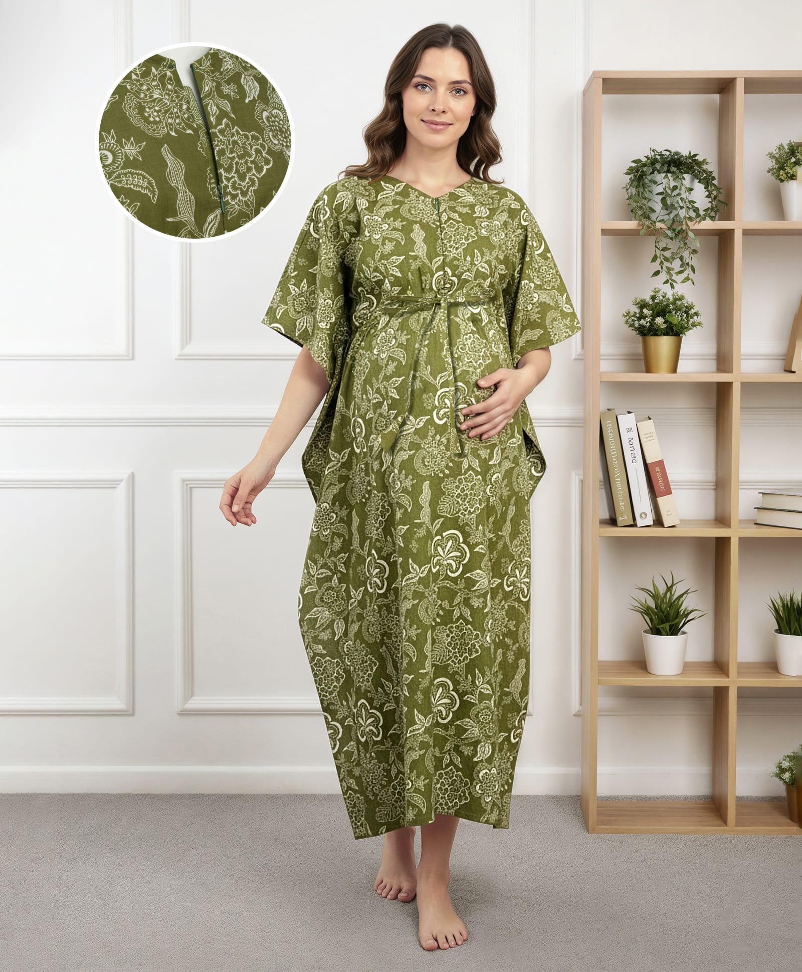 Bella Mama Cotton Woven Half Sleeves Maternity Kaftan With Floral Print - Olive Green-image-16