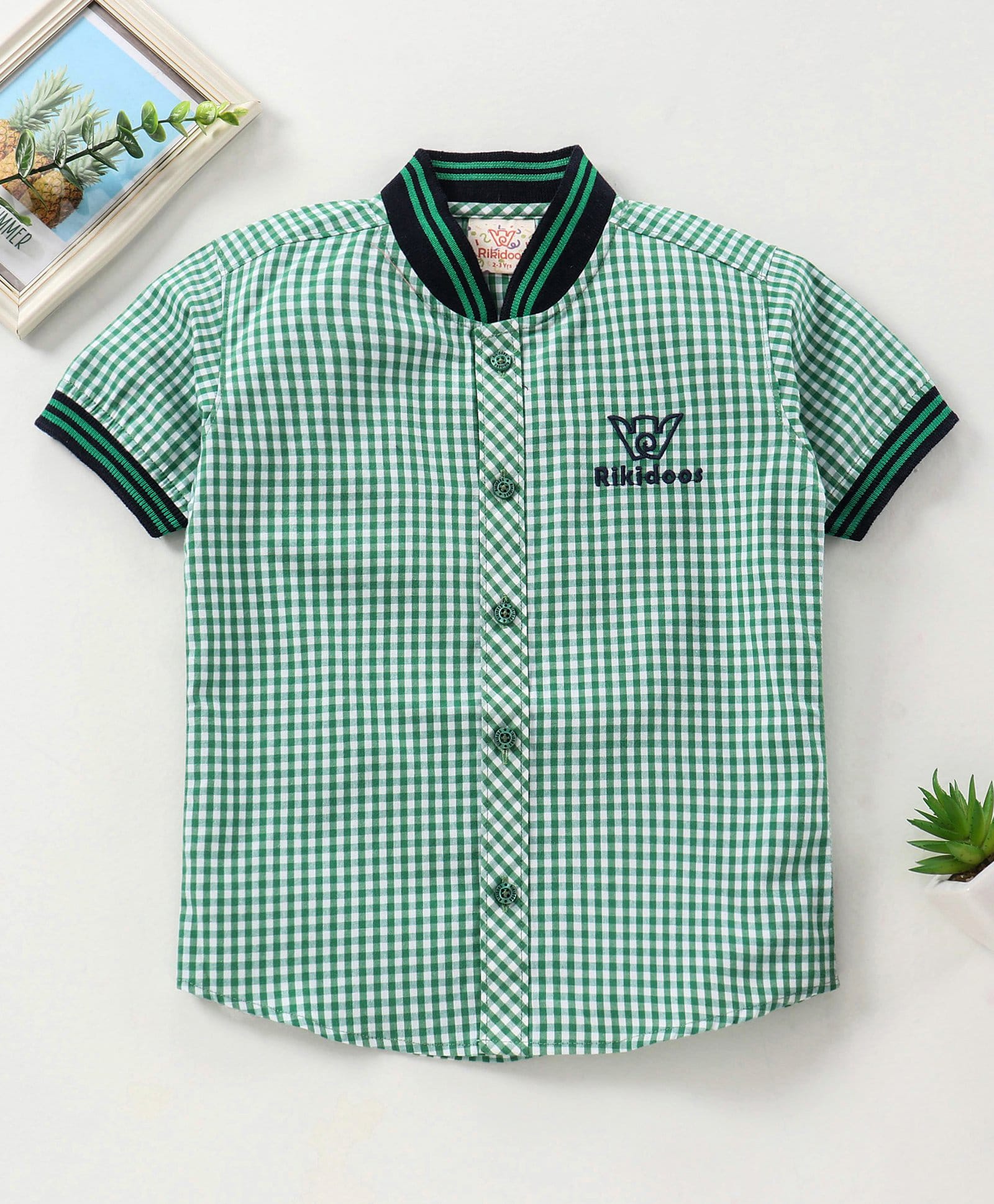 Rikidoos Half Sleeves Gingham Checked & Brand Logo Embroidered Shirt - Green-image-14