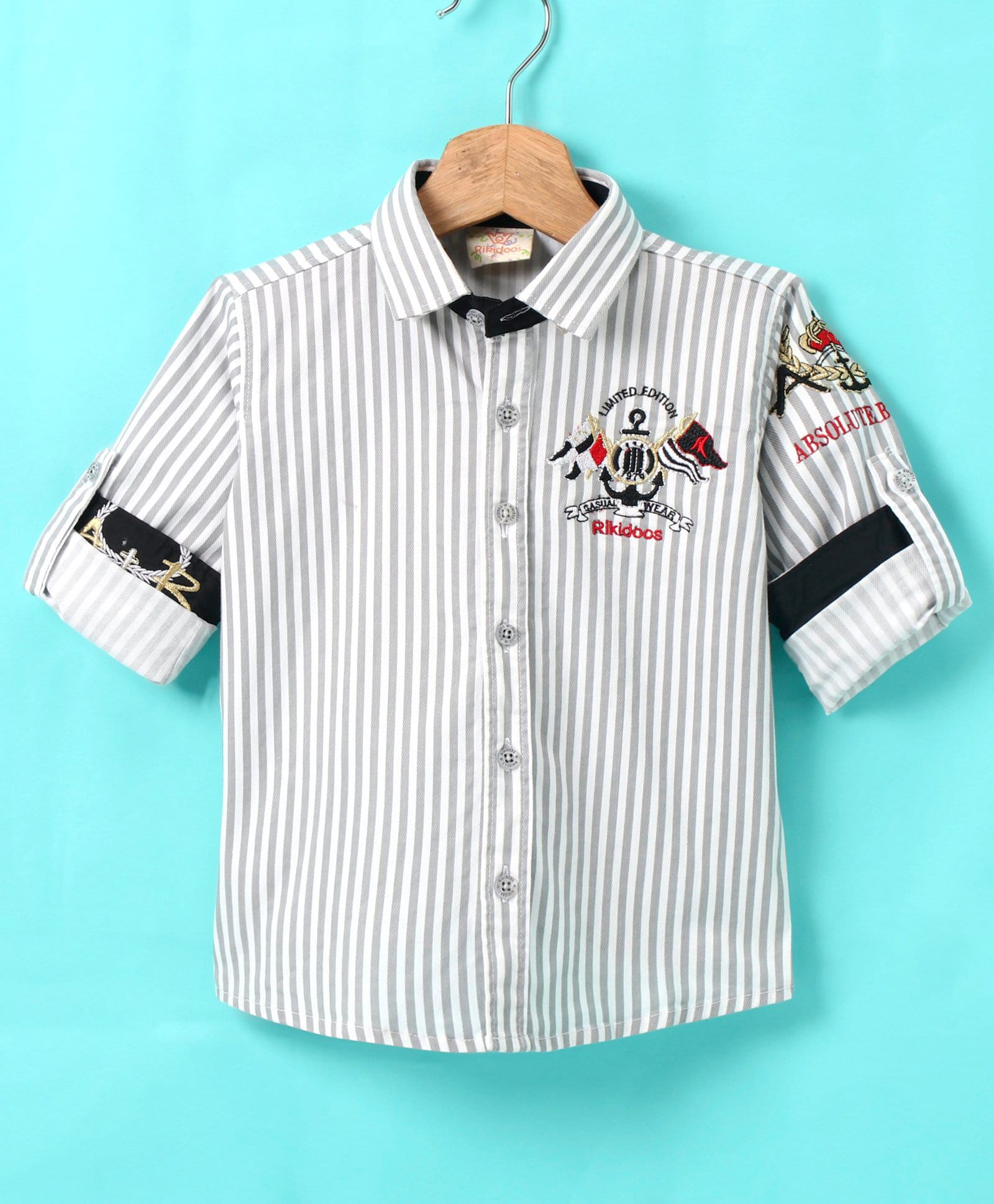 Rikidoos Full Sleeves Anchor & Flags Embroidered Striped Shirt - Grey & White-image-27