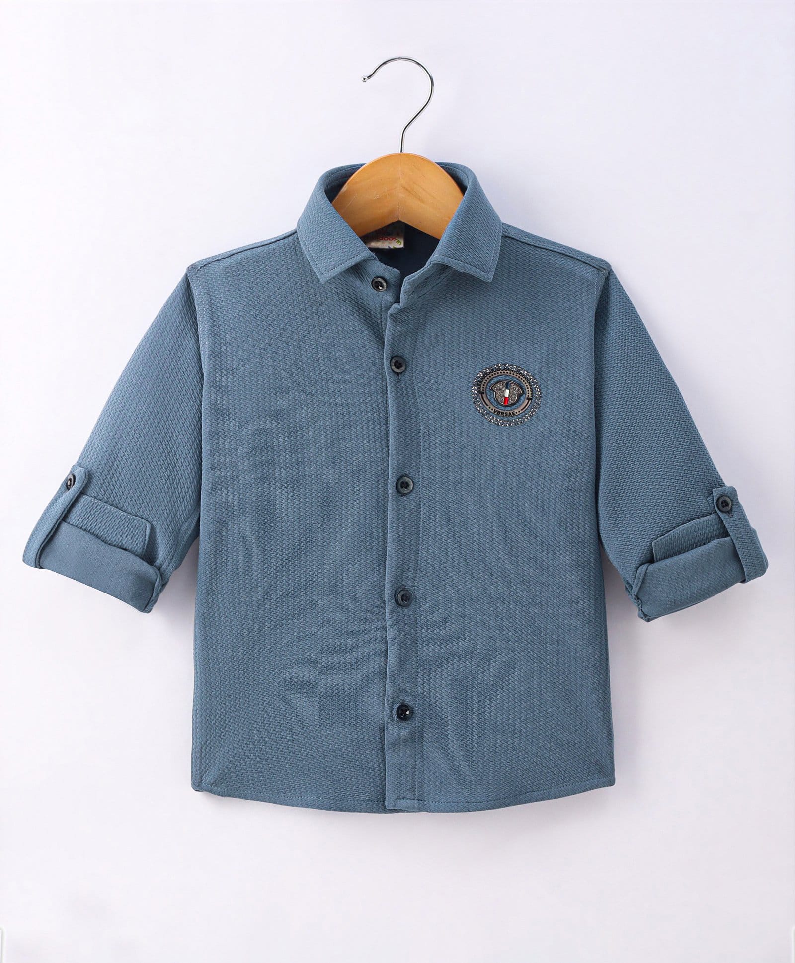 Rikidoos Full Sleeves Stone Embellished Metal Applique Detailed Textured Shirt - Navy Blue-image-27