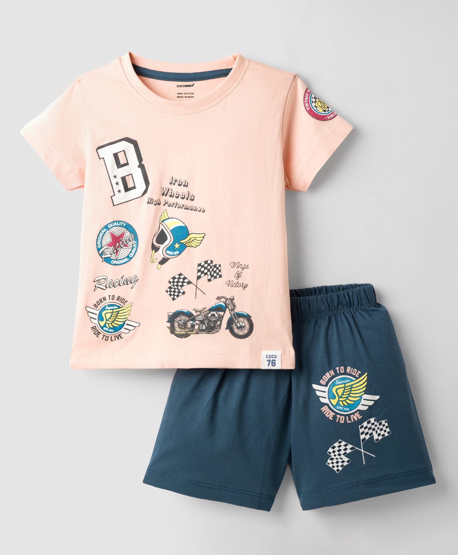 CUCUMBER Sinker Knit Half Sleeves Shorts Night Suit With Vehicle Print - Peach-image-48