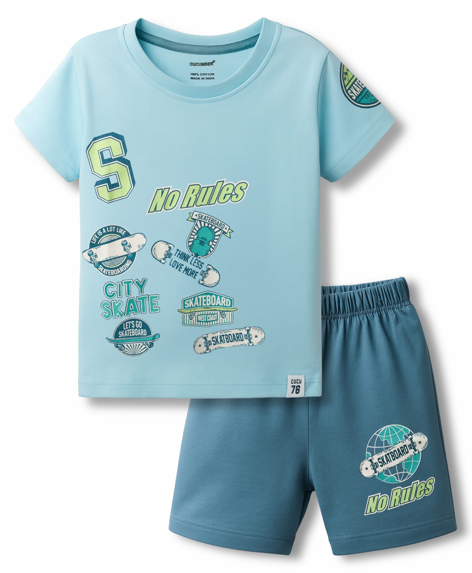 CUCUMBER Sinker Knit Half Sleeves Shorts Night Suit With Text Print - Light Blue-picture-16