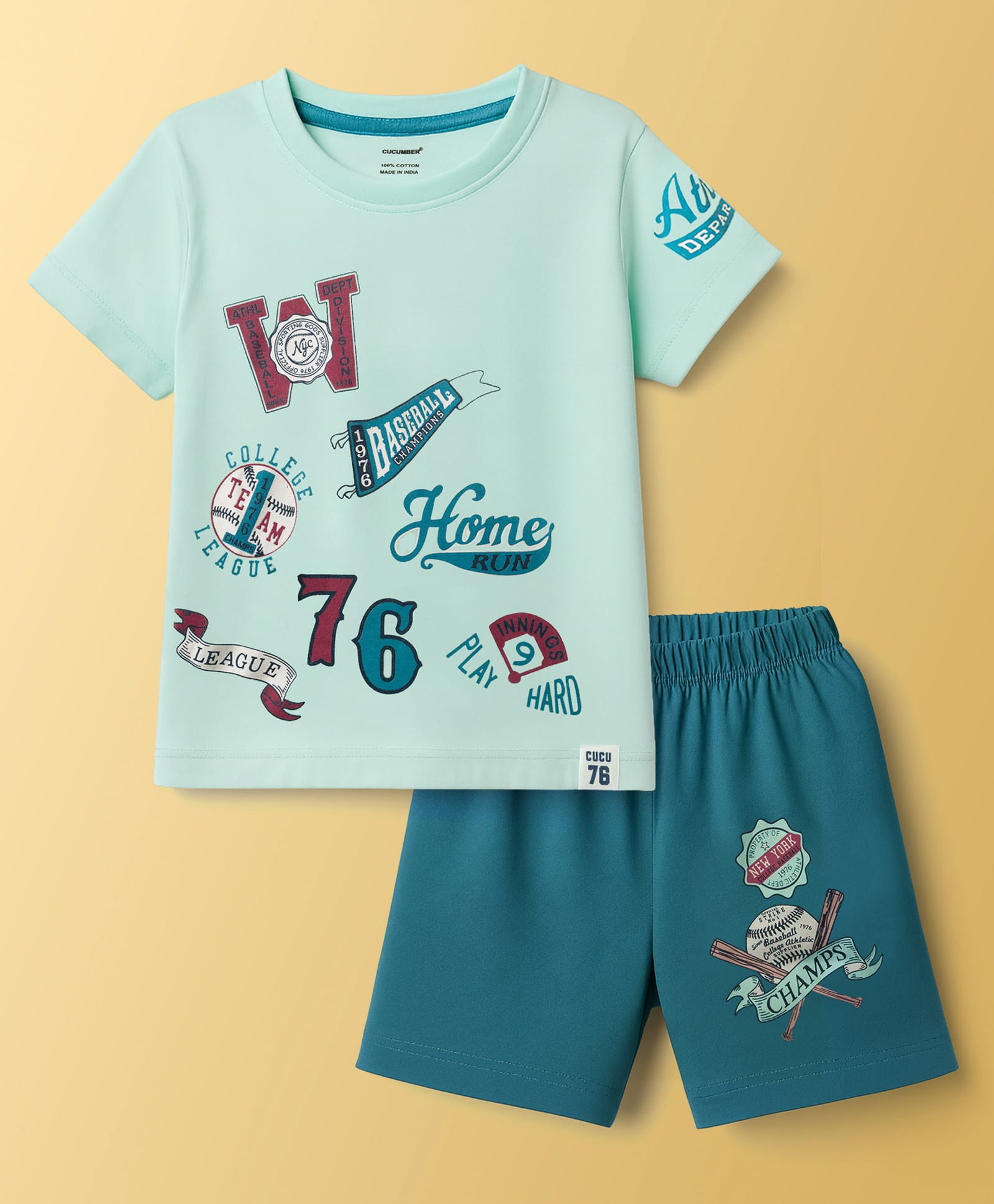 CUCUMBER Sinker Knit Half Sleeves Shorts Night Suit With Baseball Print - Mint-picture-6