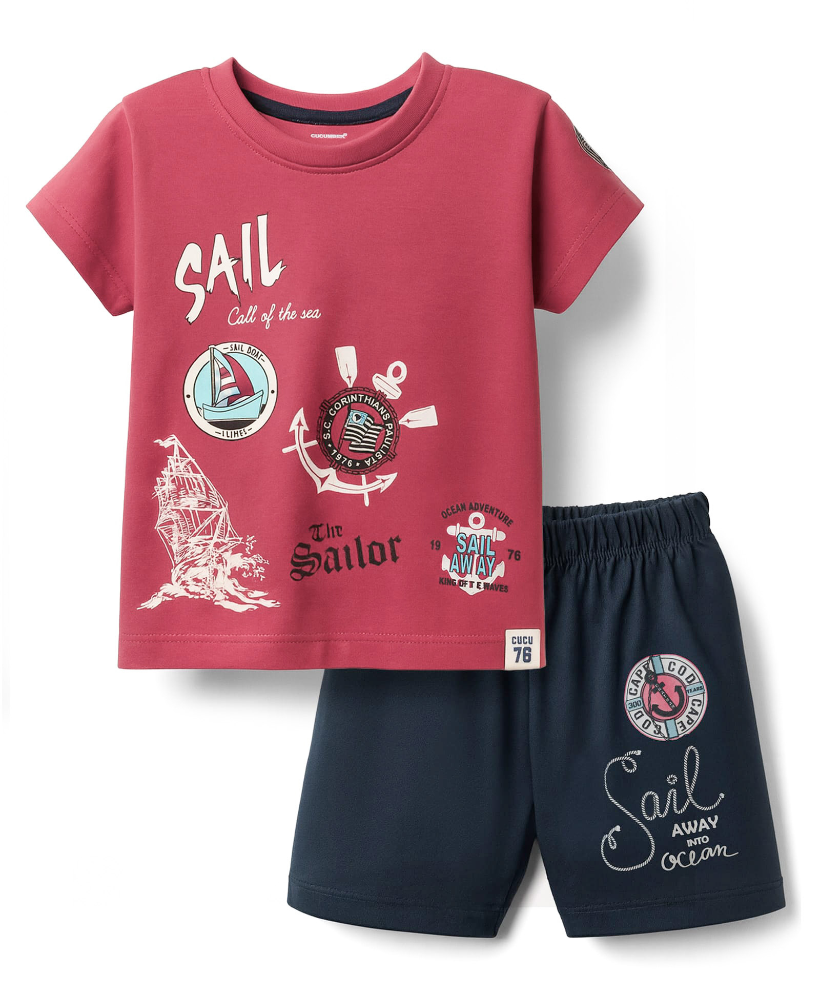 CUCUMBER Sinker Knit Half Sleeves Shorts Night Suit With Nautical Theme Print - Red-image-46