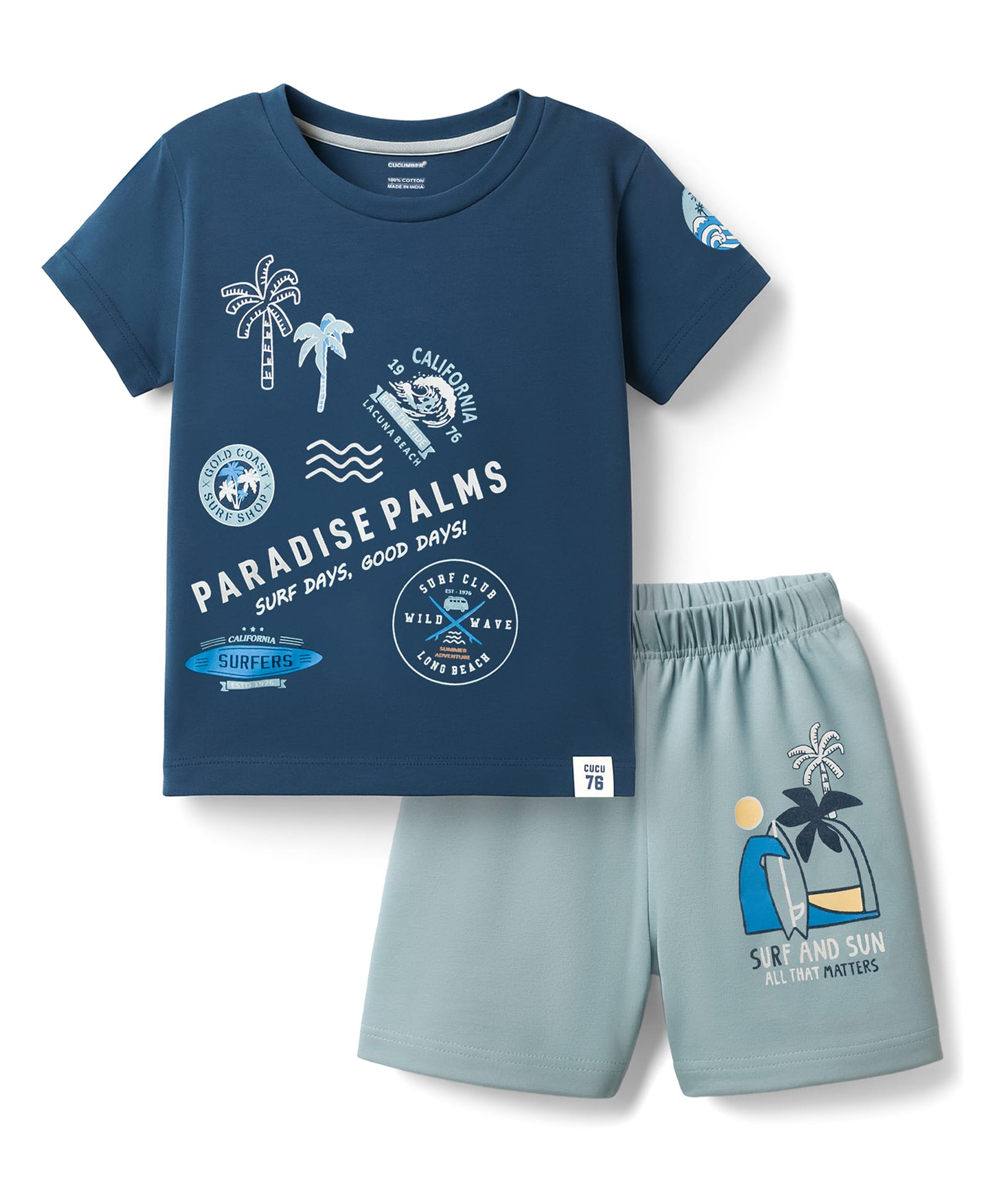 CUCUMBER Sinker Knit Half Sleeves Shorts Night Suit With Beach Theme Print - Navy Blue-picture-18