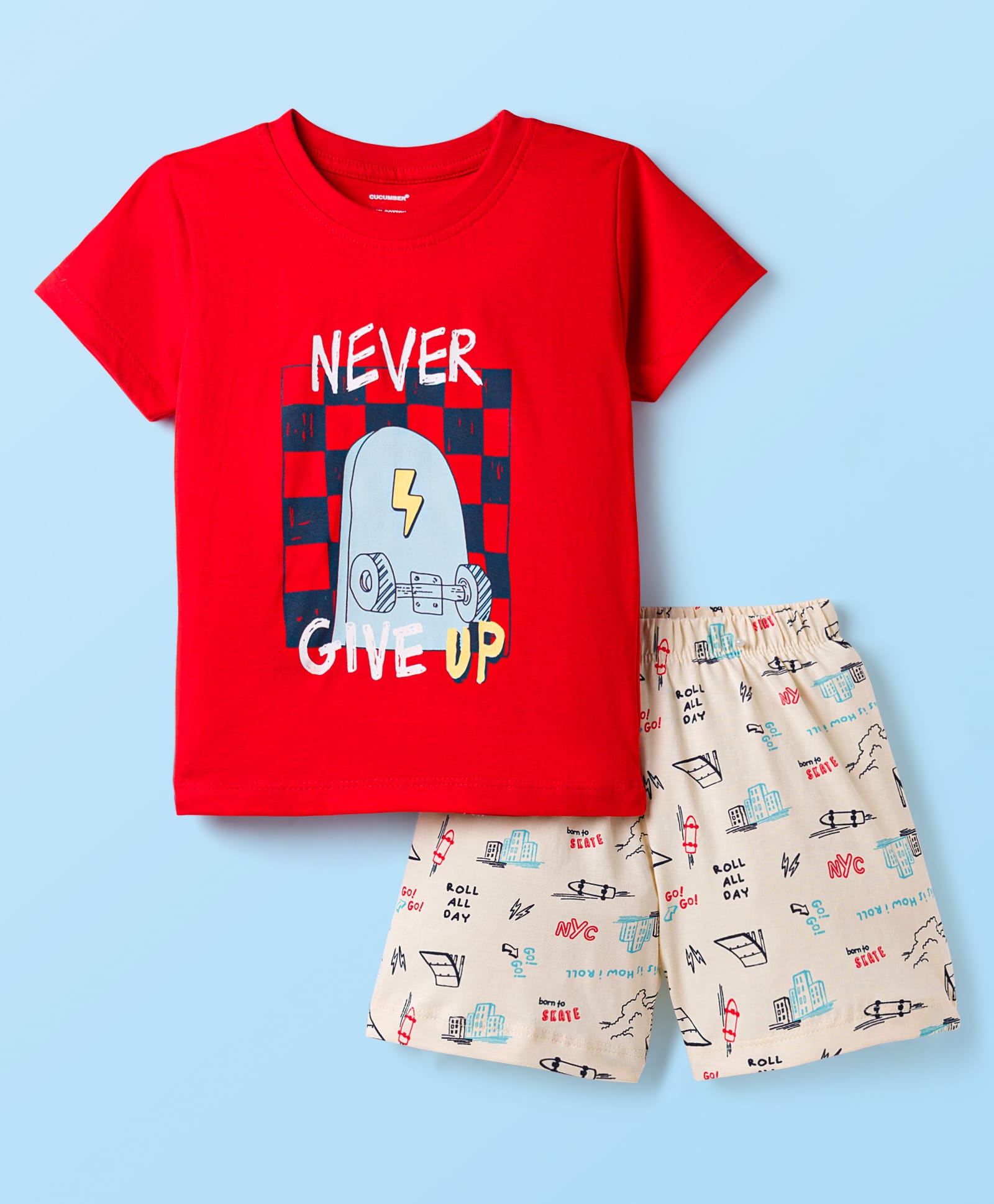 CUCUMBER Sinker Knit Half Sleeves Shorts Night Suit With Skateboarding Print - Red-image-38