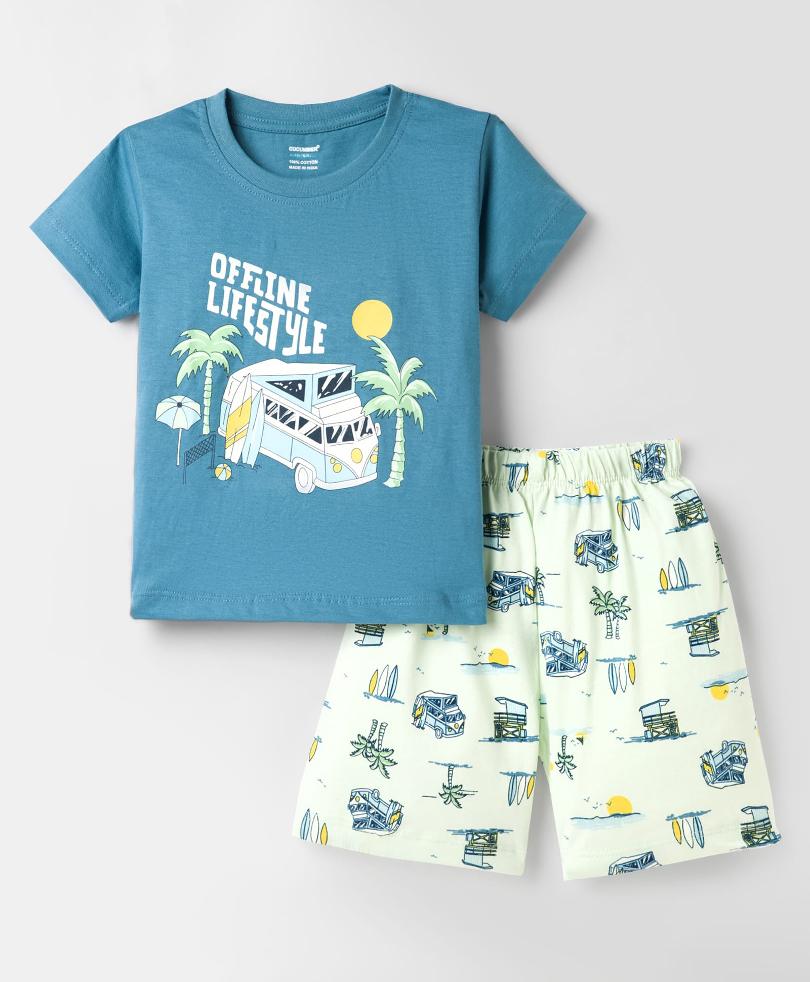 CUCUMBER Sinker Knit Half Sleeves Shorts Night Suit With Text Print - Light Blue & Cream-picture-2