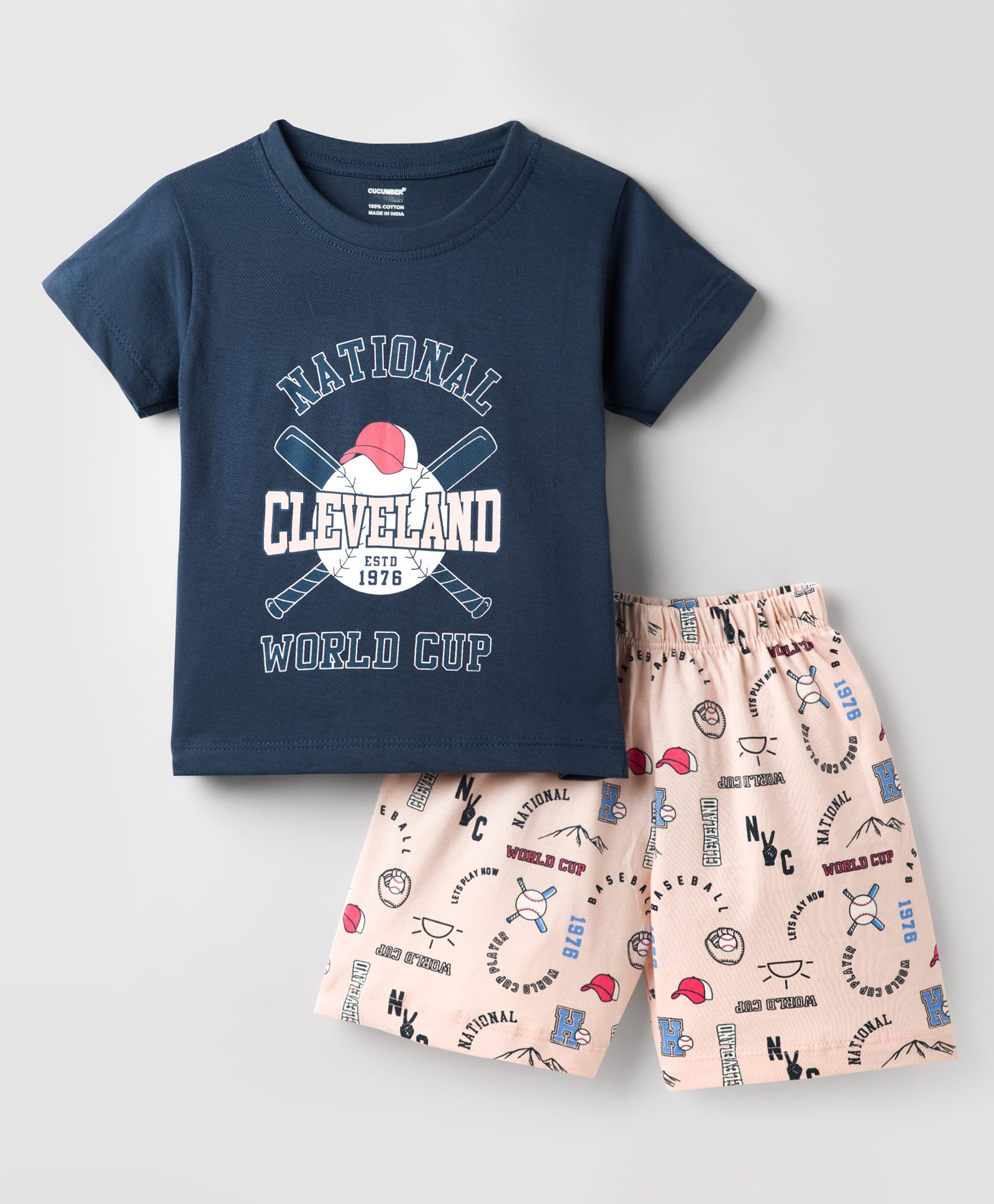 CUCUMBER Sinker Knit Half Sleeves Short Night Suit With Text Print - Navy Blue & Cream-image-20