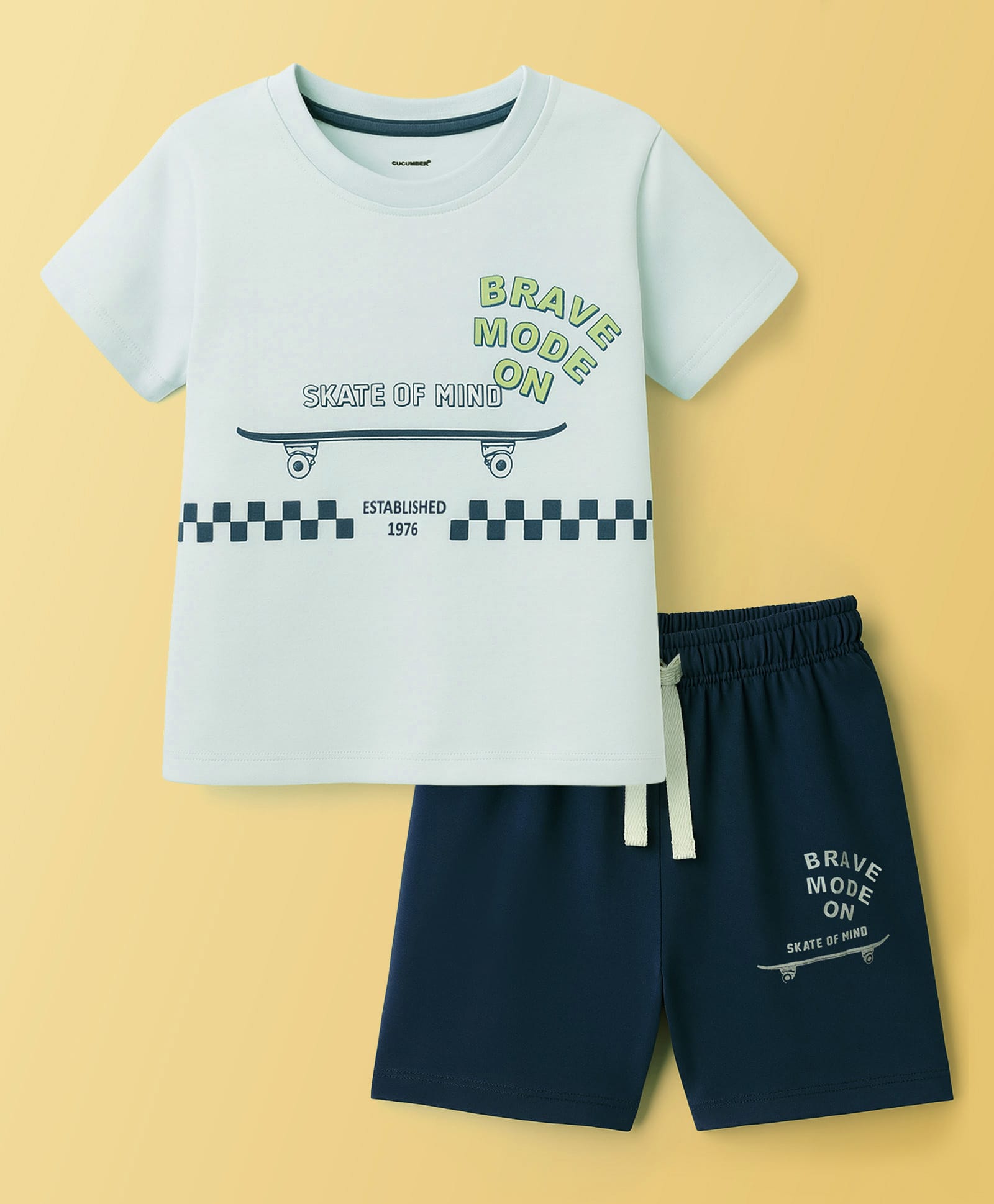 CUCUMBER Sinker Knit Half Sleeves Shorts Night Suit With Skateboarding Print - Light Blue-picture-27