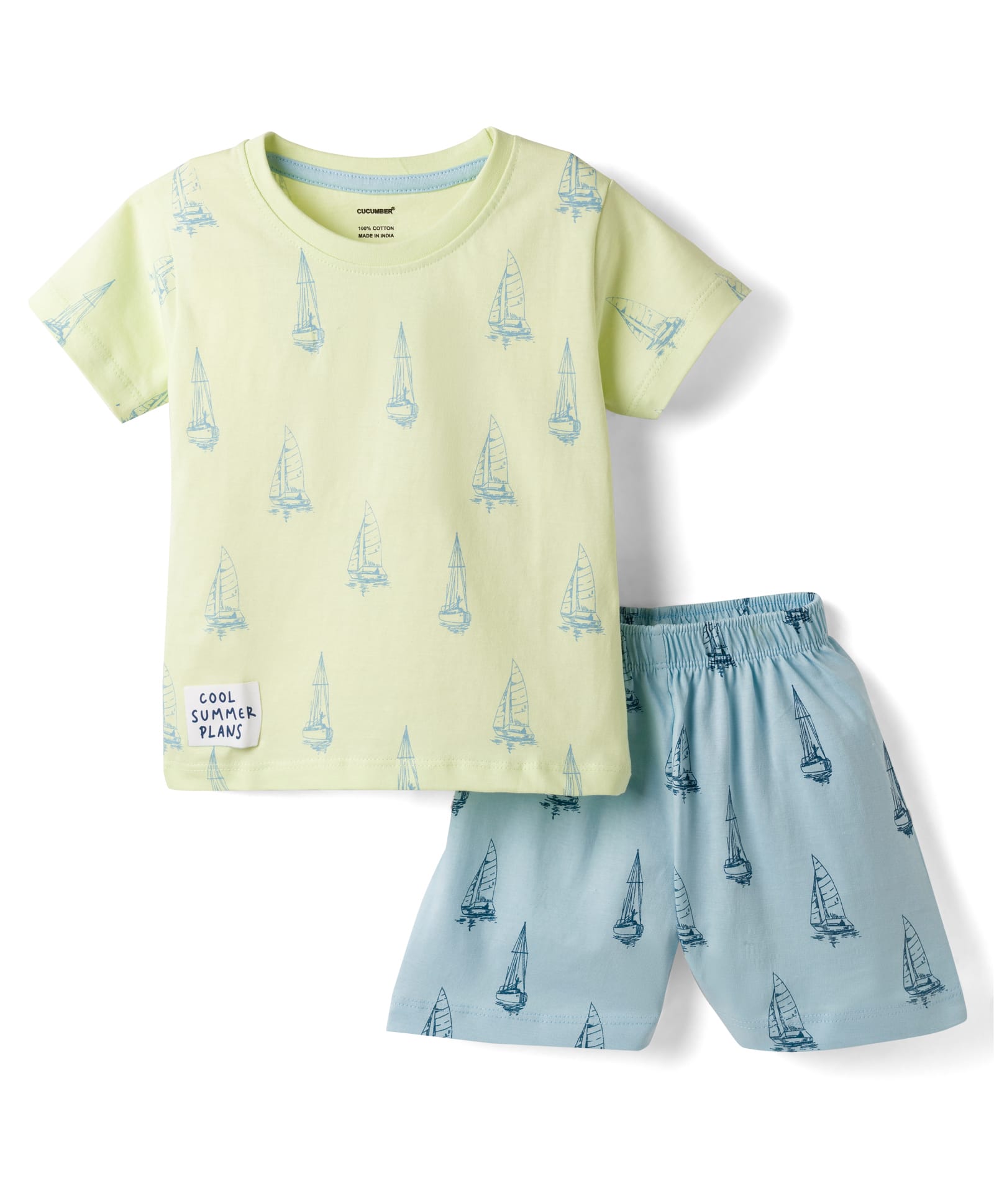 CUCUMBER Sinker Knit Half Sleeves Shorts Night Suit with Ship Print - Light Green-image-5