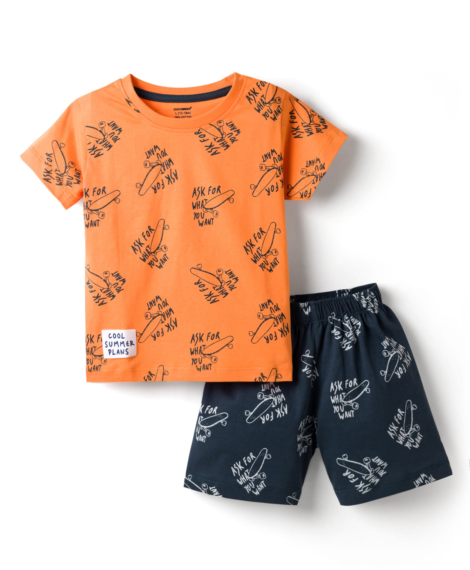 CUCUMBER Sinker Knit Half Sleeves Shorts Night Suit with Skating Print - Orange-image-26