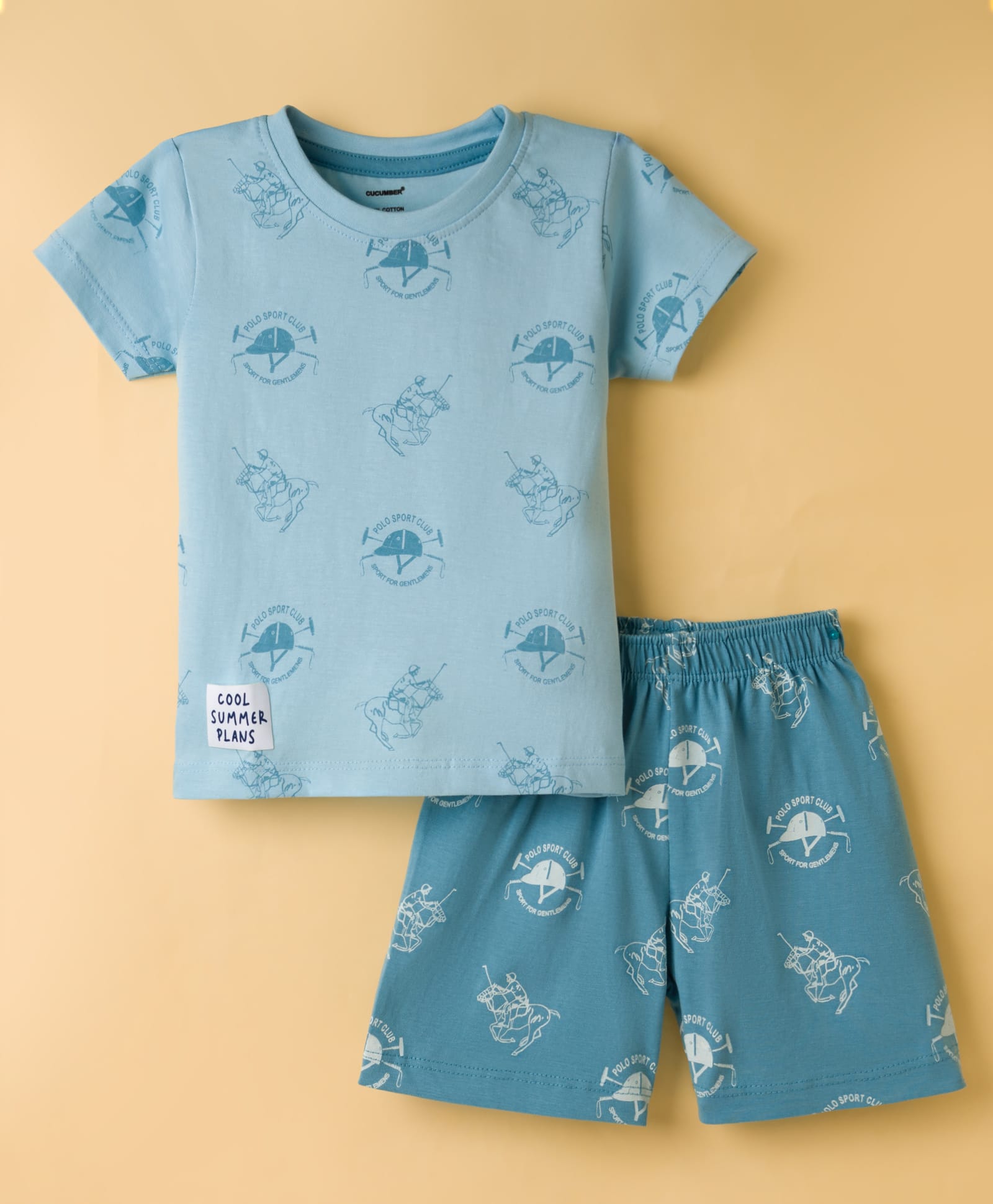 CUCUMBER Sinker Knit Half Sleeves Shorts Night Suit With Polo Sports Club Print - Mint-image-28