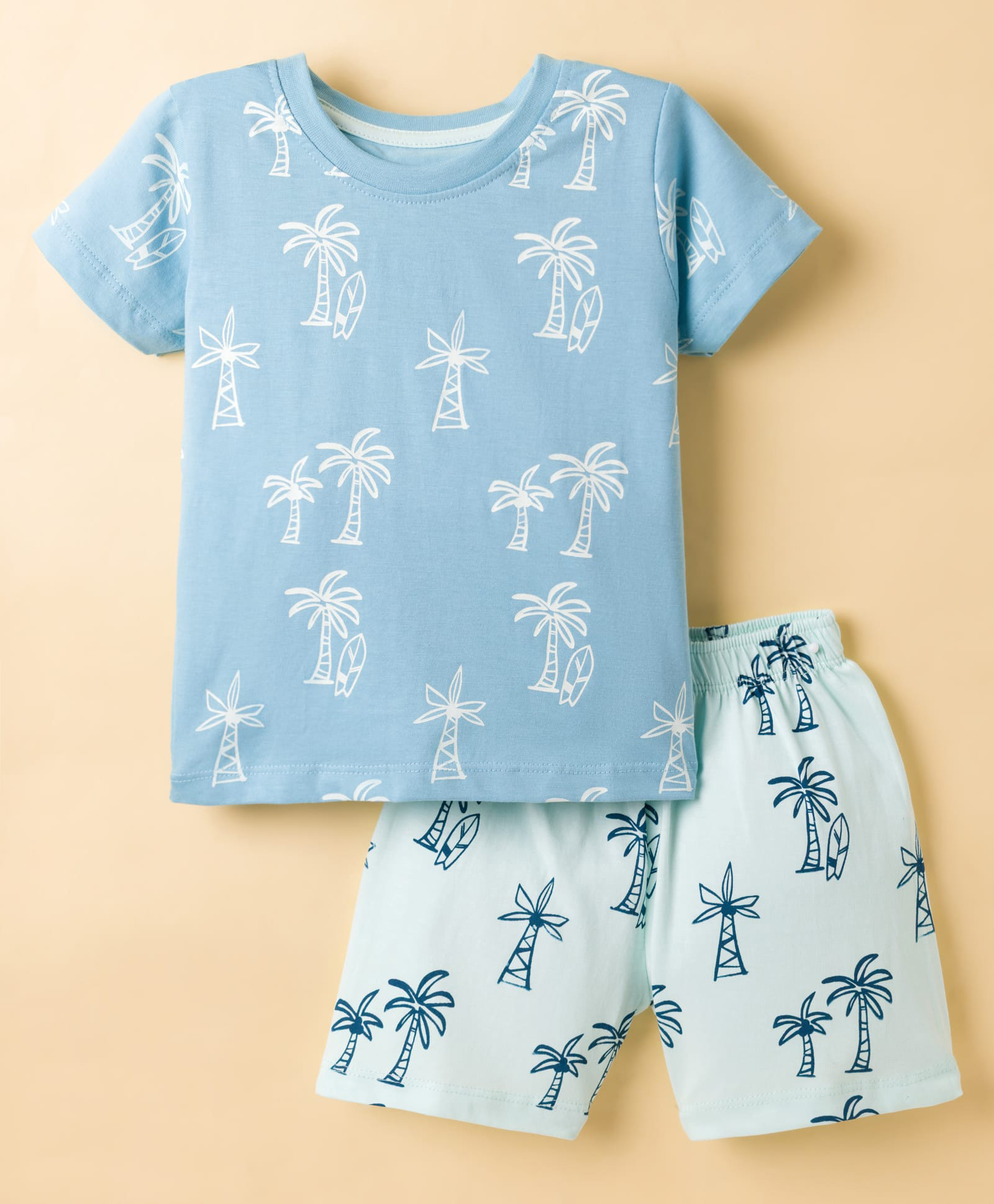 CUCUMBER Sinker Knit Half Sleeves Night Suit With Tree Print - Light Blue-picture-7