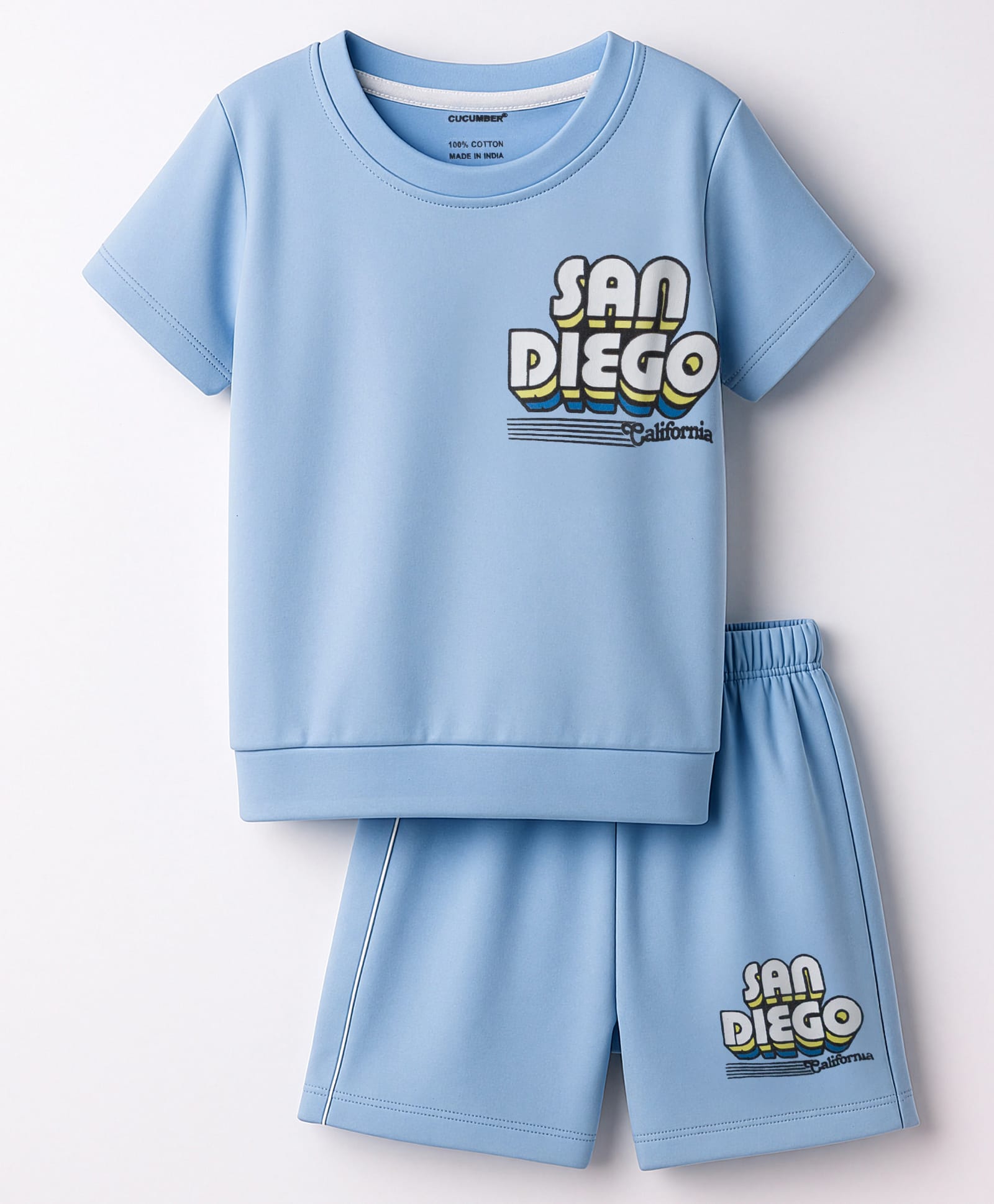 CUCUMBER Sinker Knit Half Sleeves Shorts Night Suit With Text Print - Blue-image-37