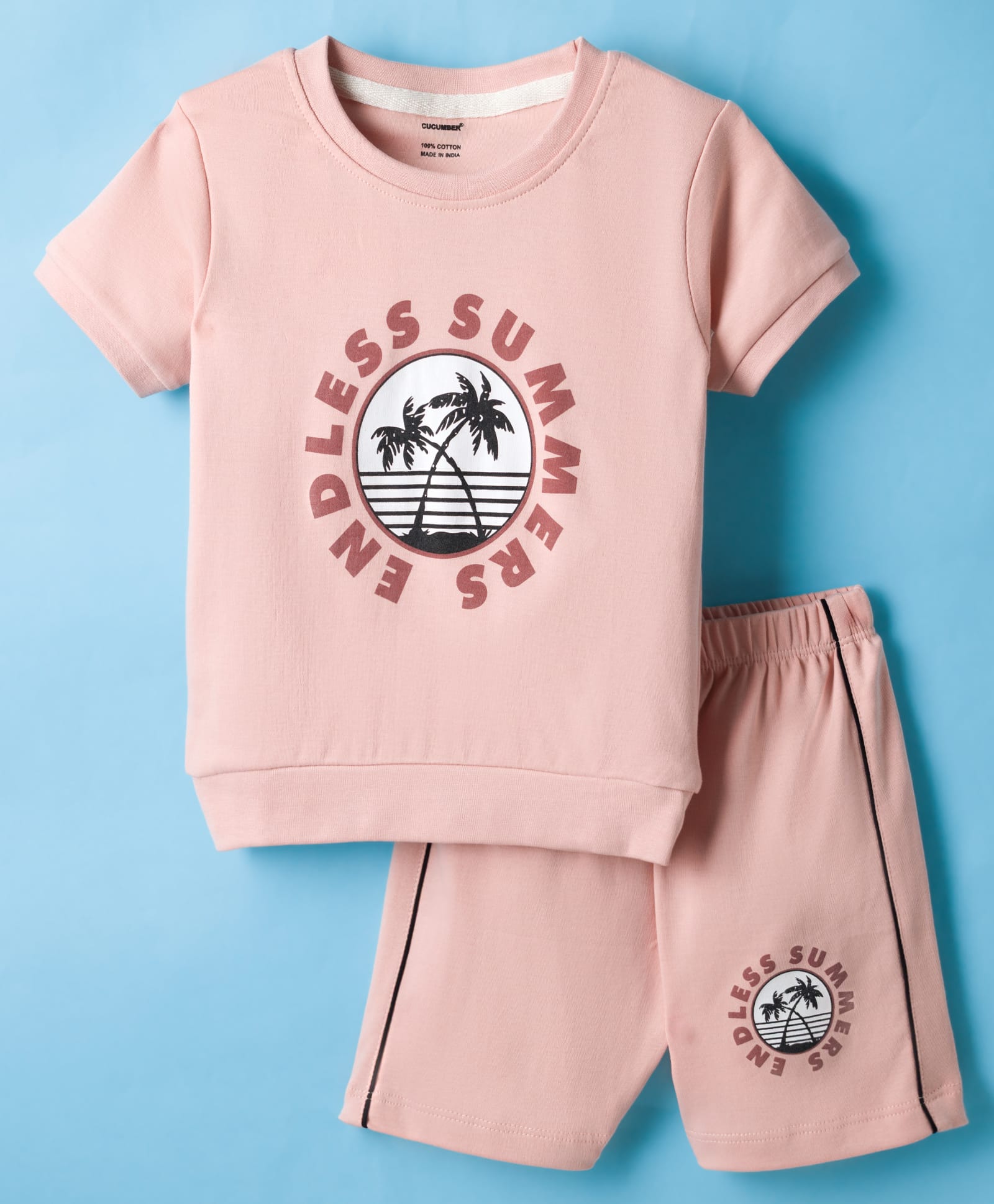 CUCUMBER Sinker Knit Half Sleeves Shorts Night Suit With Text Print - Peach-image-31