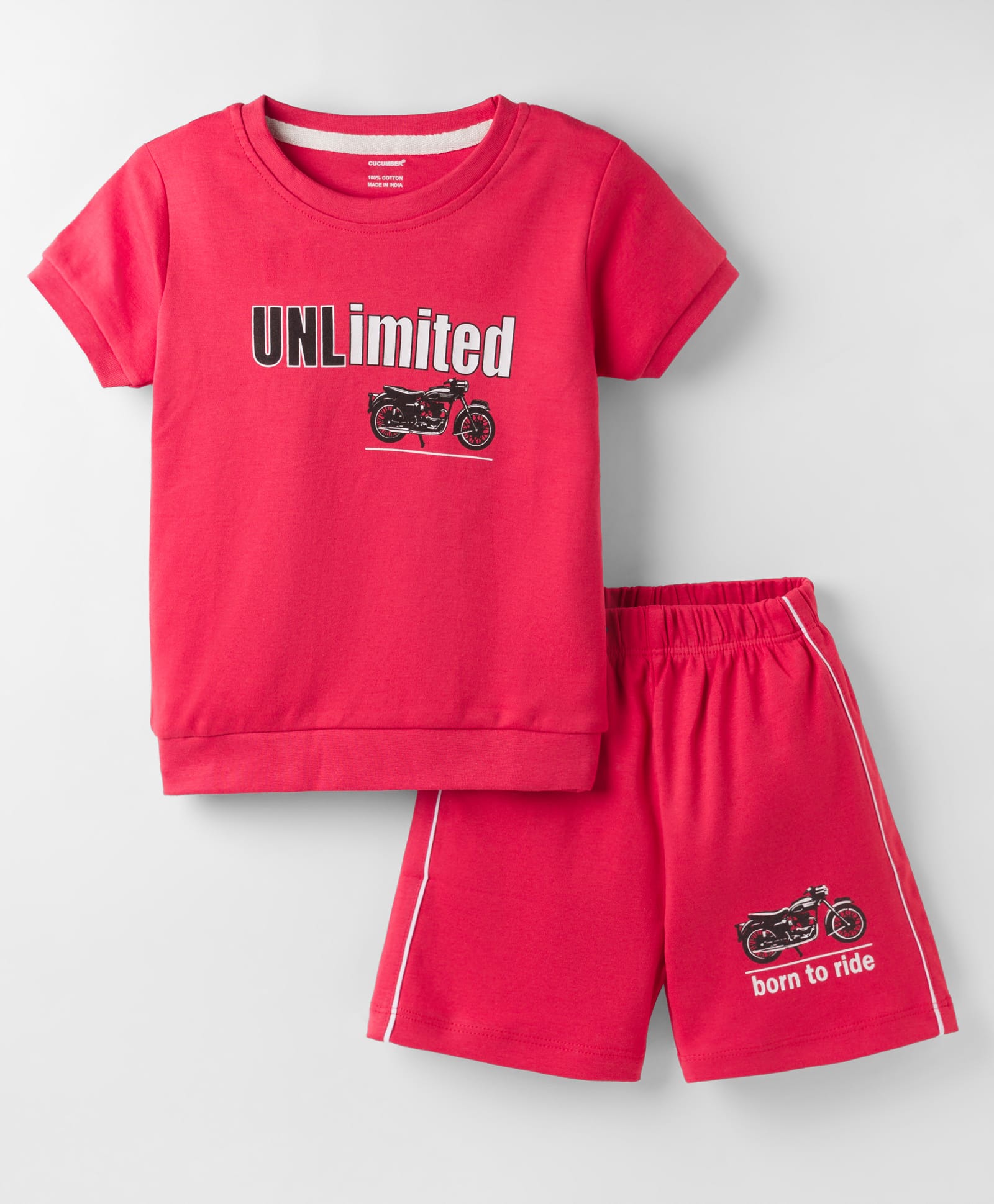 CUCUMBER Sinker Knit Half Sleeves Shorts Night Suit with Text Print - Red-image-42