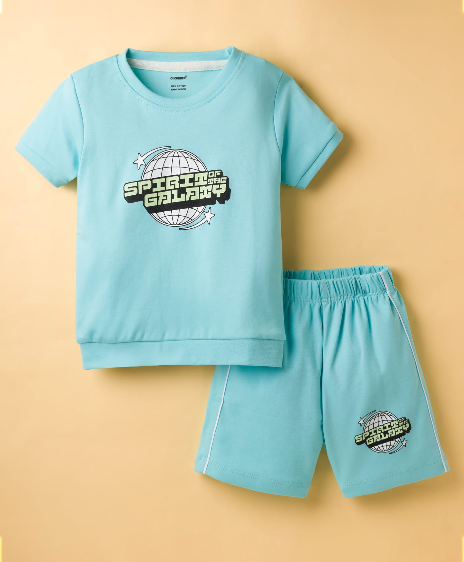 CUCUMBER Sinker Knit Half Sleeves Shorts Night Suit with Space Theme Print - Aqua Blue-image-39