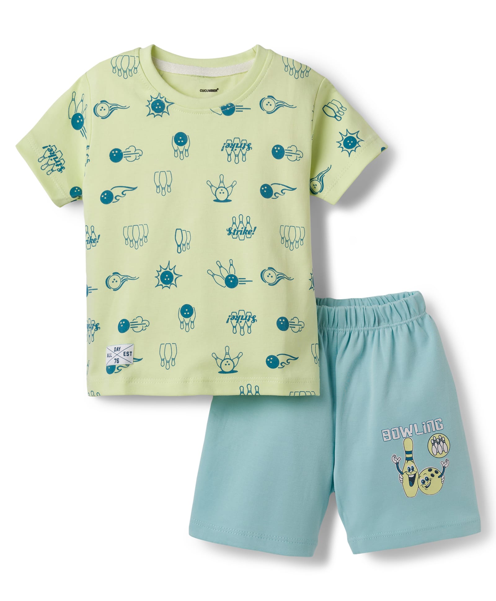 CUCUMBER Sinker Knit Half Sleeves Shorts Night Suit With Bowling Print - Neon Green & Light Blue-image-28