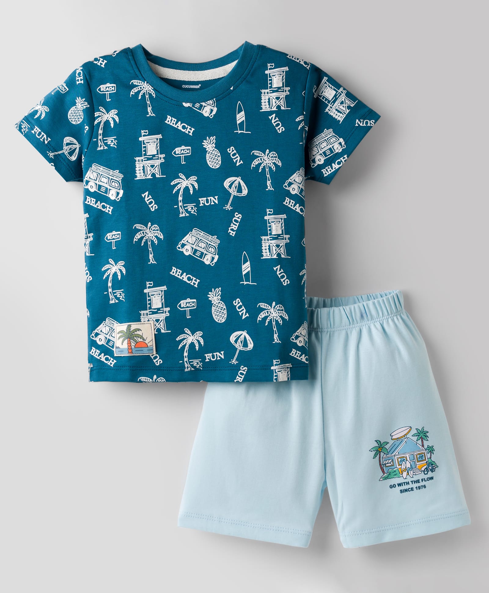 CUCUMBER Sinker Knit Half Sleeves Shorts Night Suit with Beach Theme Print - Teal Blue-picture-10