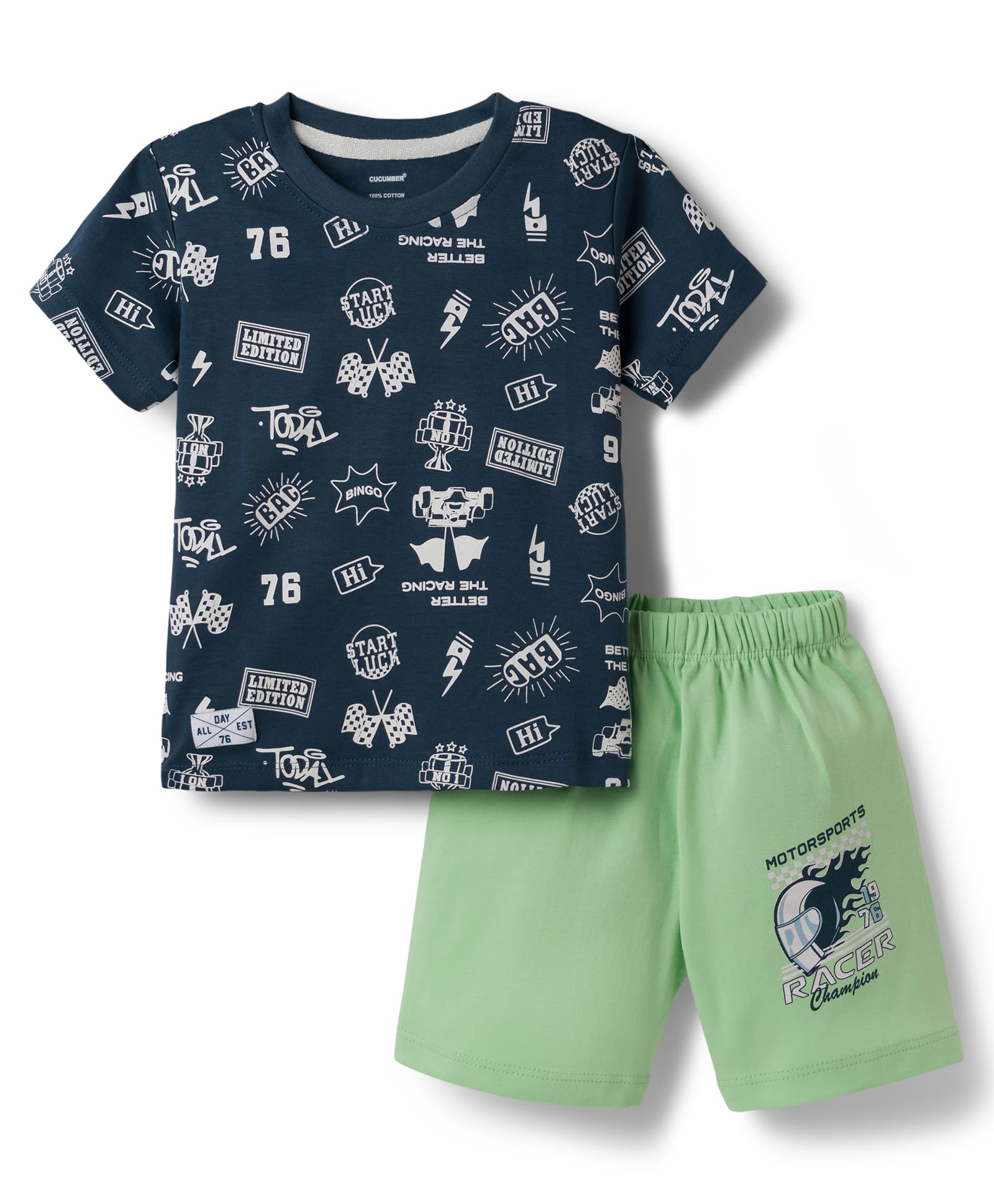 CUCUMBER Sinker Knit Half Sleeves Shorts Night Suit With Text Print - Charcoal Grey & Olive Green-picture-24