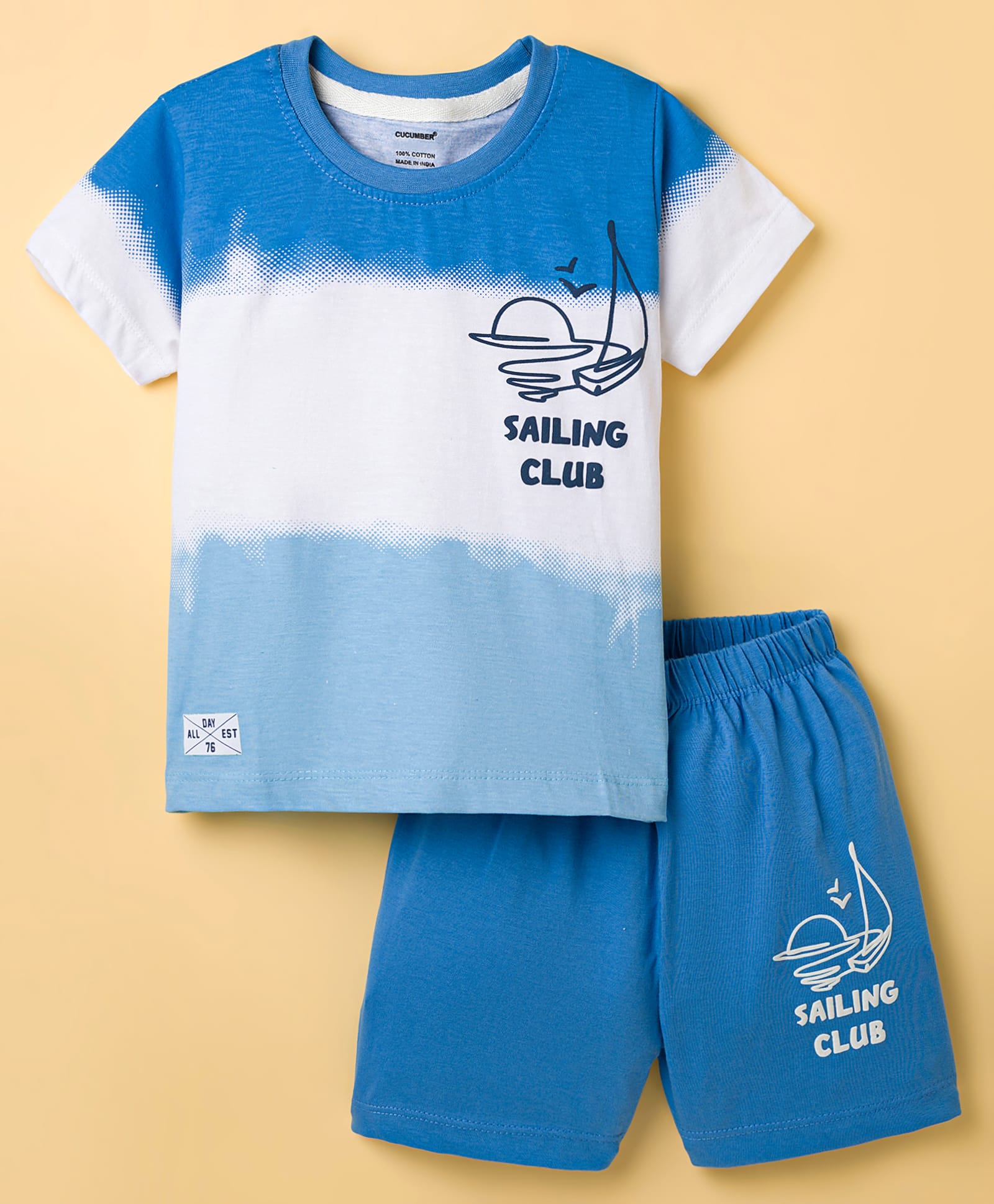 CUCUMBER Sinker Knit Half Sleeves Shorts Night Suit With Boat Print - Blue-image-42