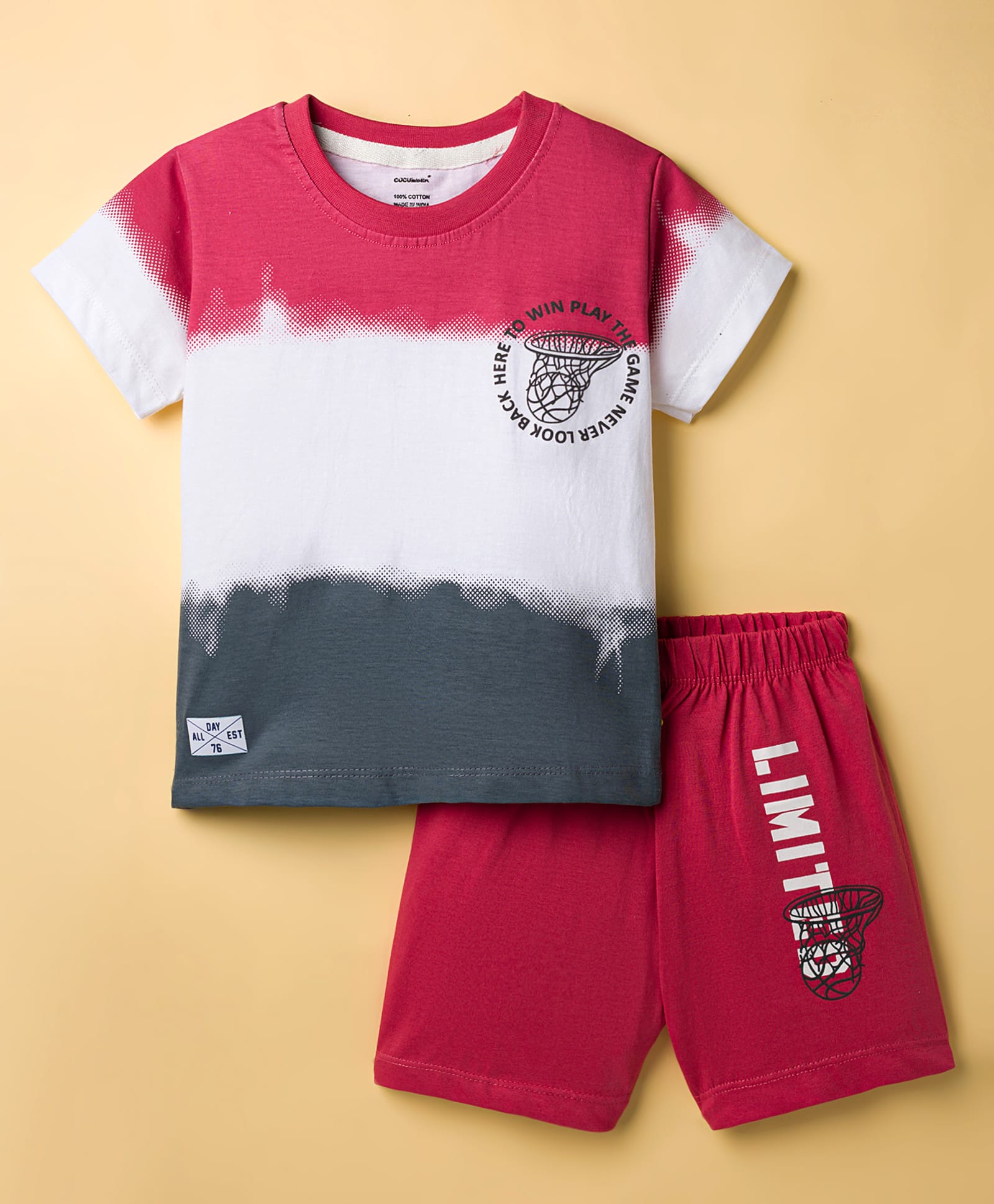 CUCUMBER Sinker Knit Half Sleeves Shorts Night Suit With Basketball Print - Red-image-36