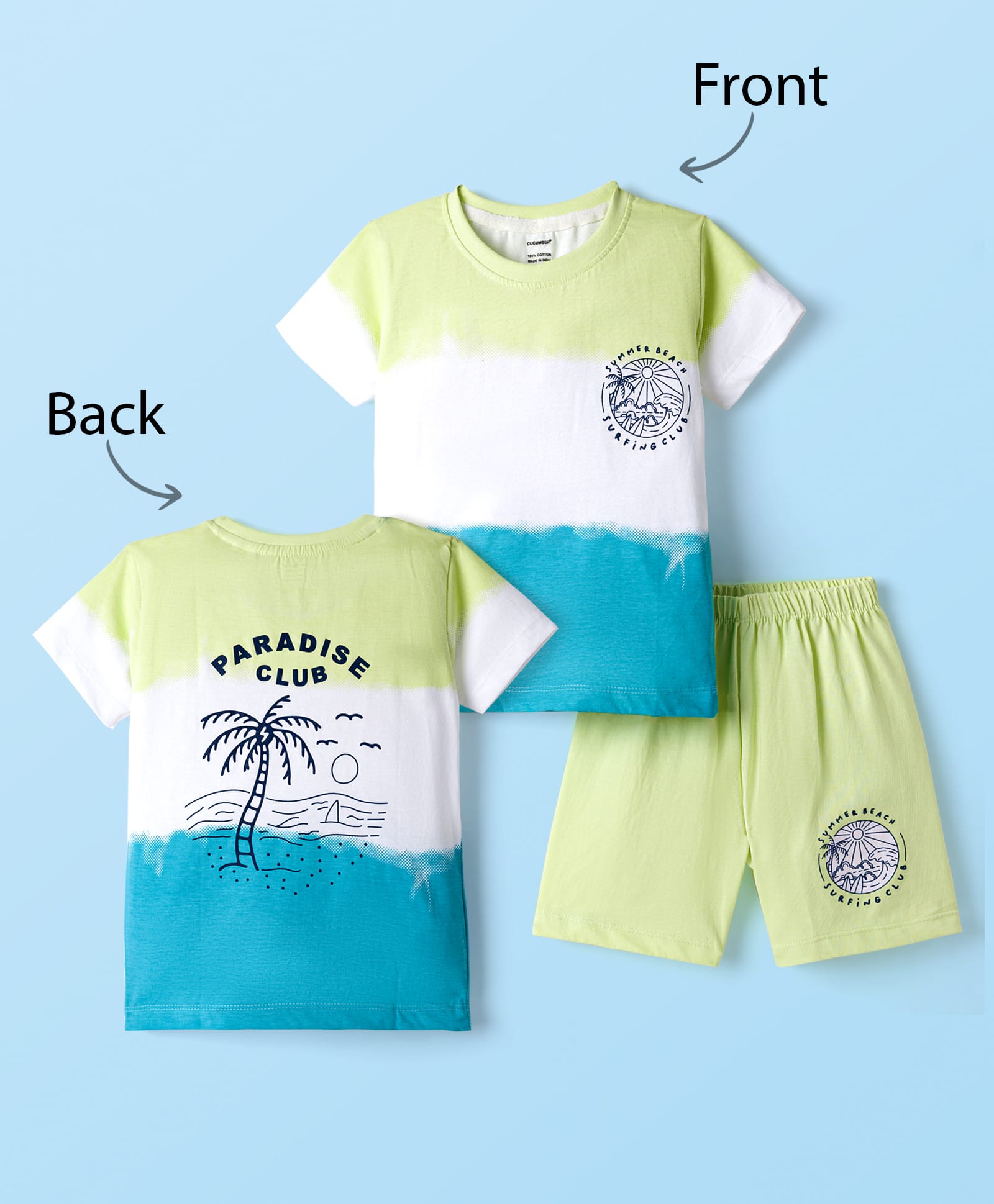 CUCUMBER Sinker Knit Half Sleeves Shorts Night Suit With Front & Back Beach Theme Print - Neon Green-image-34