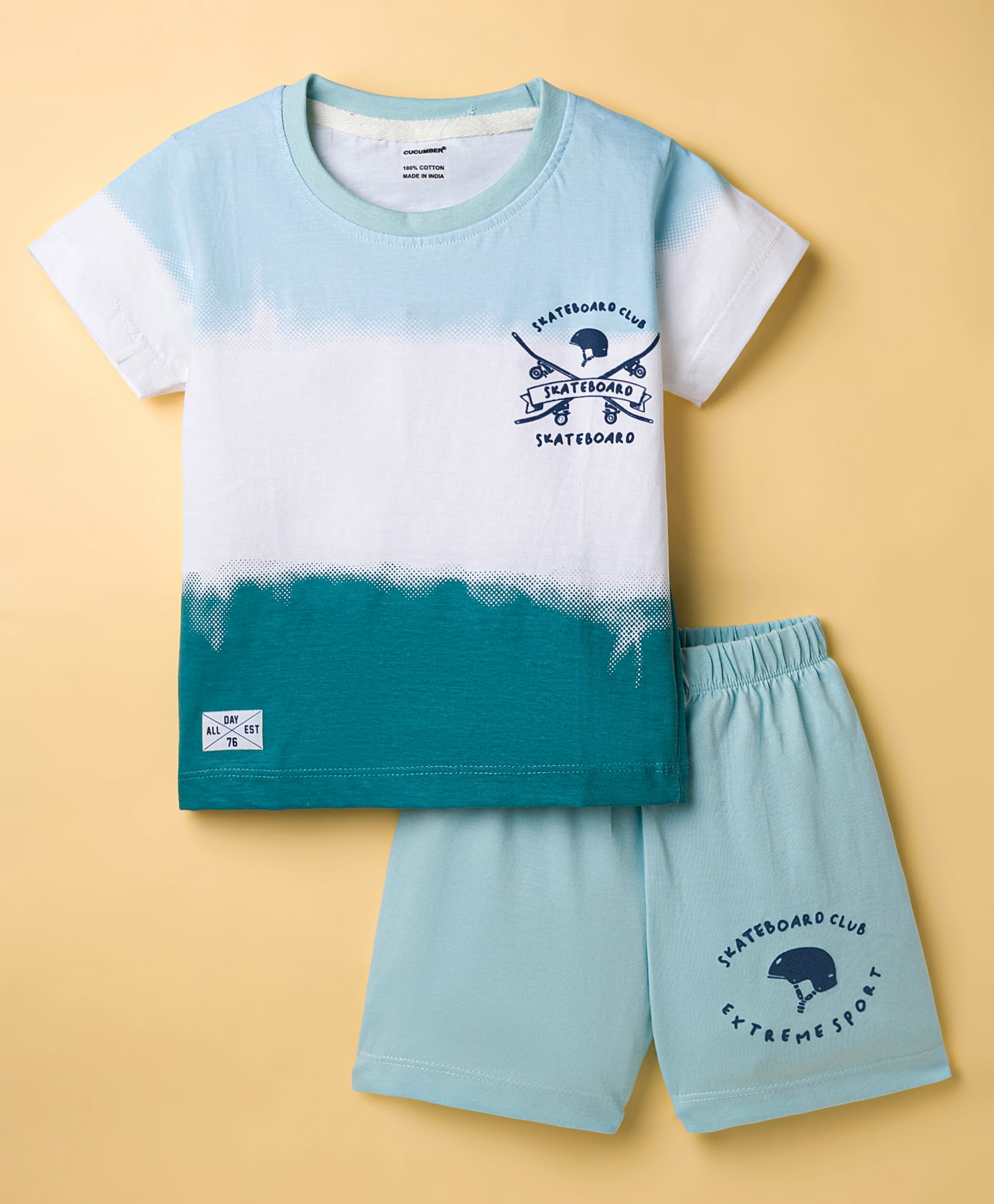 CUCUMBER Sinker knit Half Sleeves Shorts Night Suit With Skateboarding Print - Light Blue-picture-22