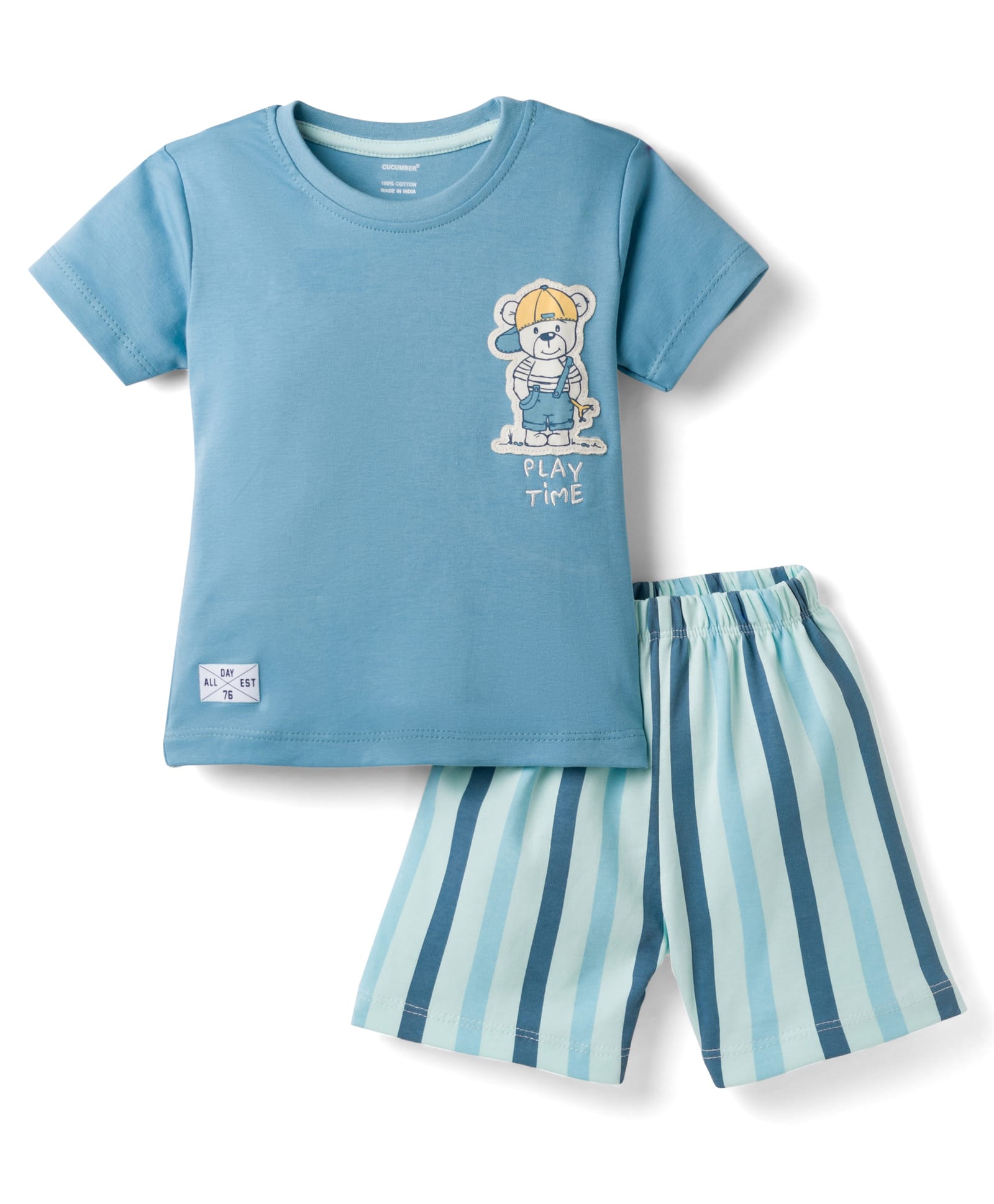 CUCUMBER Sinker Knit Half Sleeves Shorts Night Suit with Patch Detailing & Stripes - Light Blue-picture-17