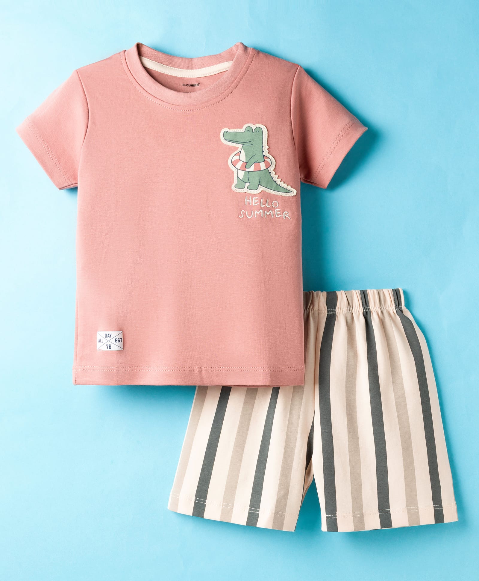 CUCUMBER Sinker Knit Half Sleeves Shorts Night Suit with Dino Patch - Light Pink-image-34