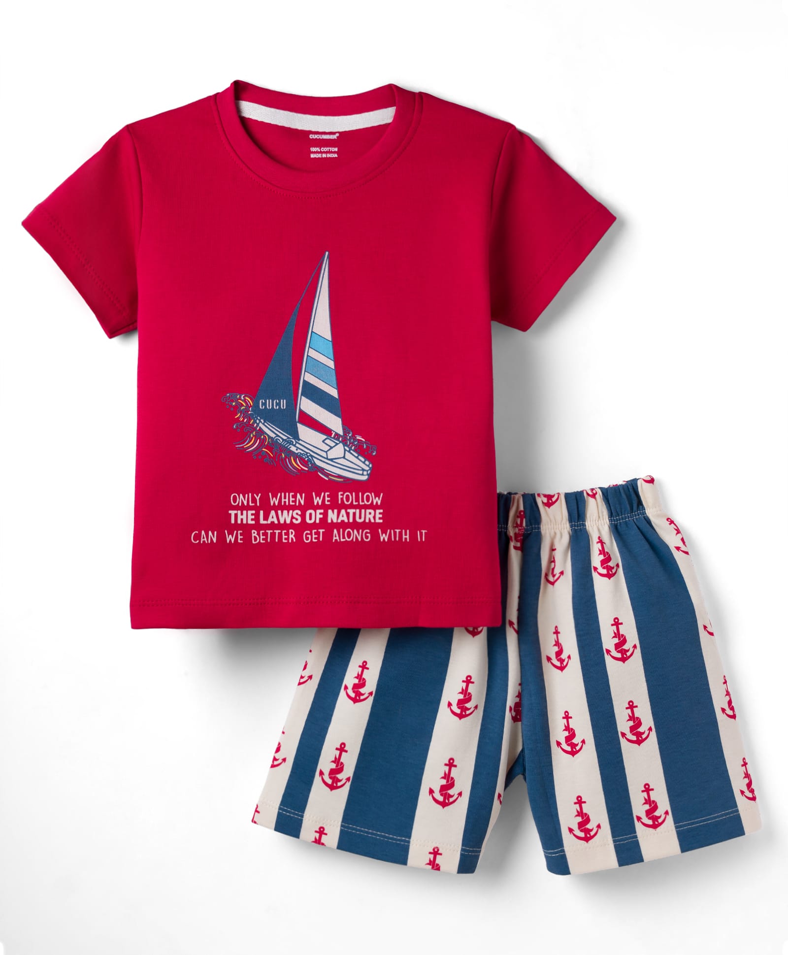 CUCUMBER Sinker Knit Half Sleeves Shorts Night Suit With Nautical Theme Print - Red & Blue-image-39