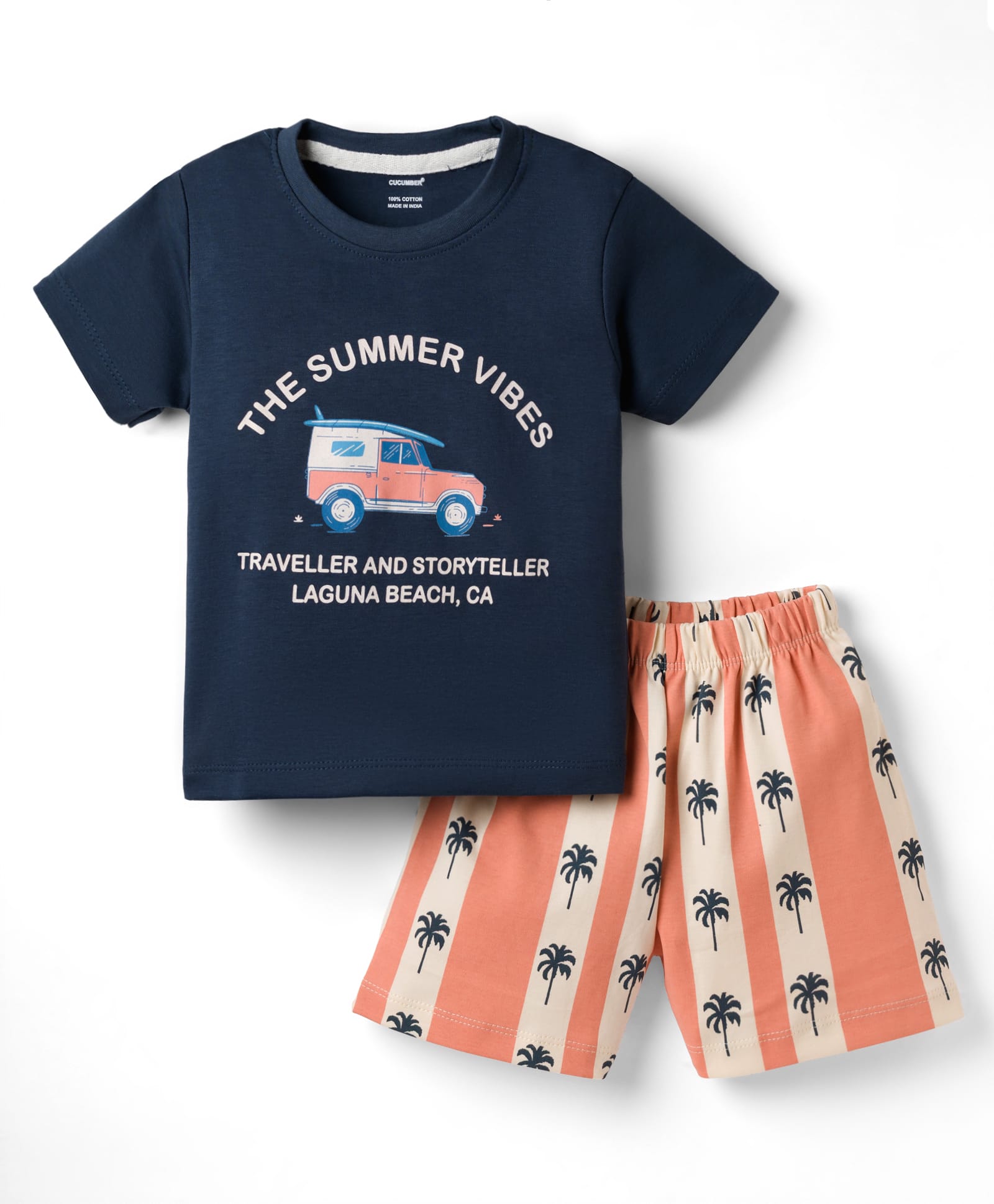 CUCUMBER Sinker Knit Half Sleeves Shorts Night Suit With Vehicle Print - Navy Blue-image-47