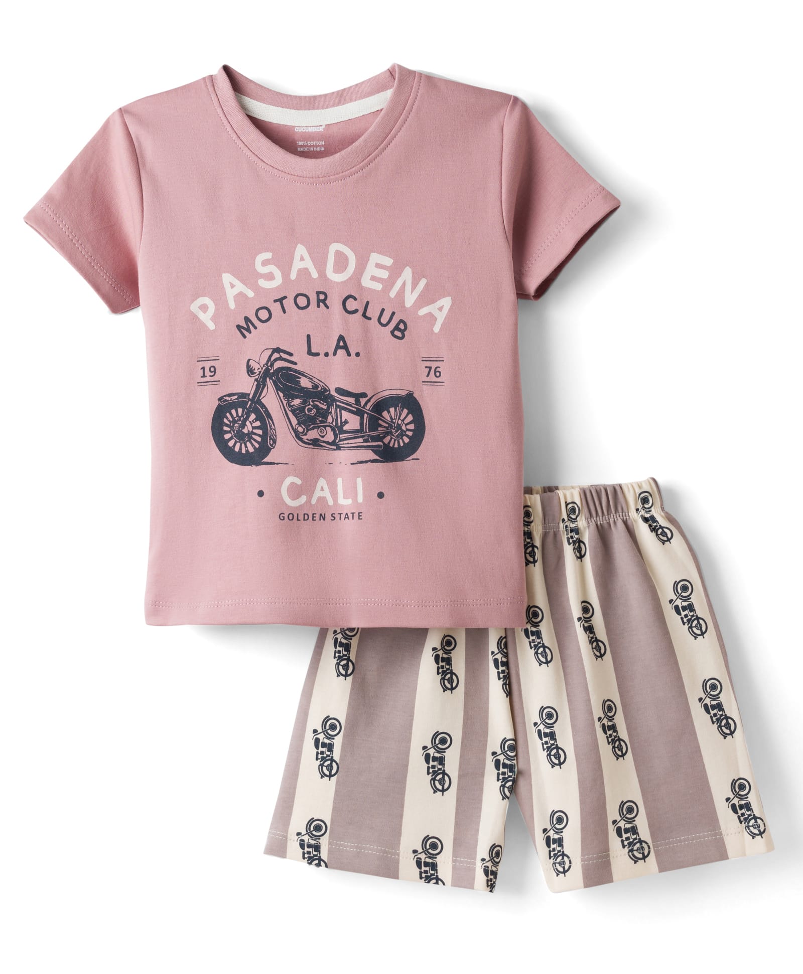 CUCUMBER Sinker Knit Half Sleeves Shorts Night Suit with Bike Print & Stripes - Pink-picture-22