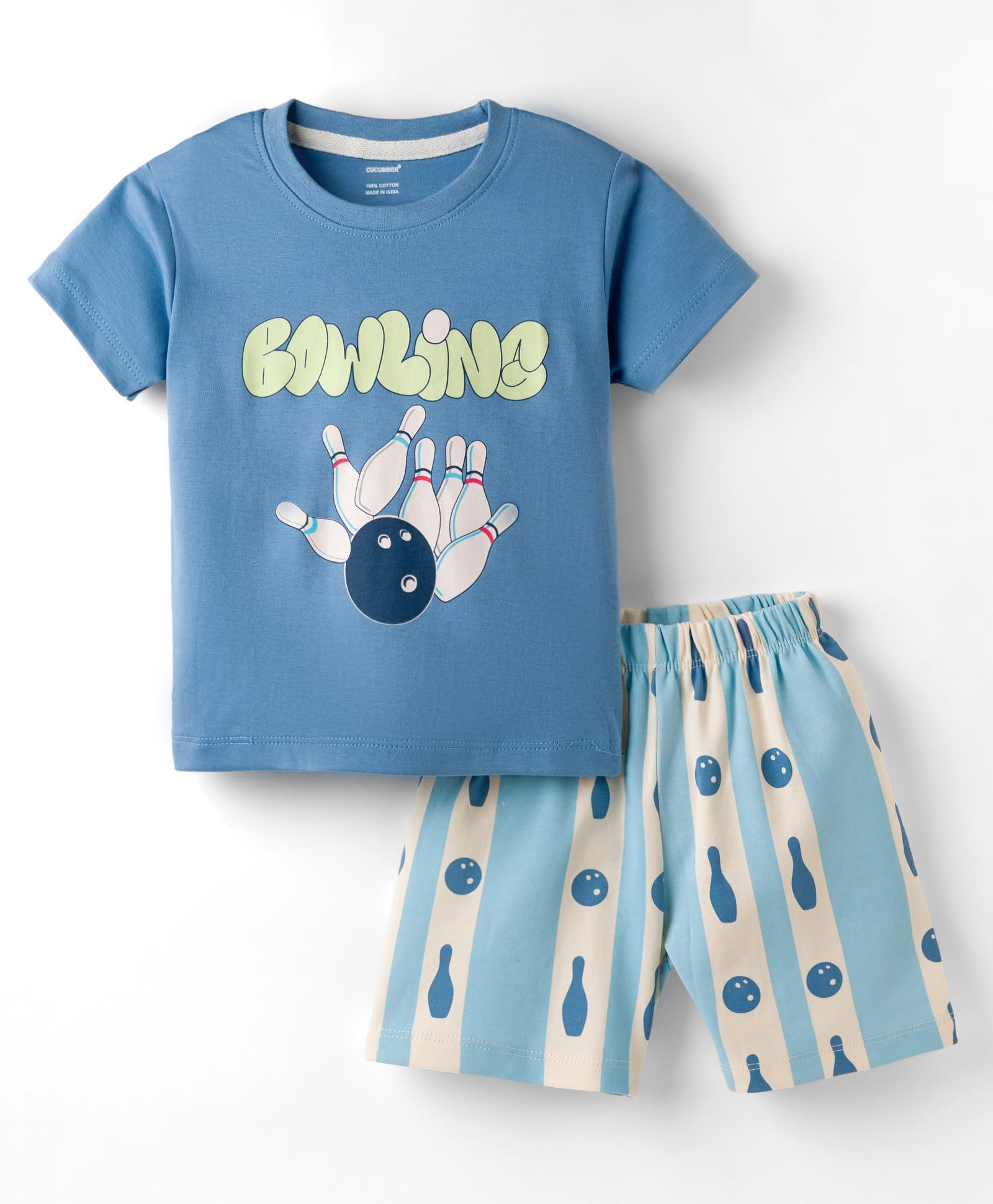 CUCUMBER Sinker Knit Half Sleeves Shorts Night Suit with Bowling Print - B;ue-picture-32
