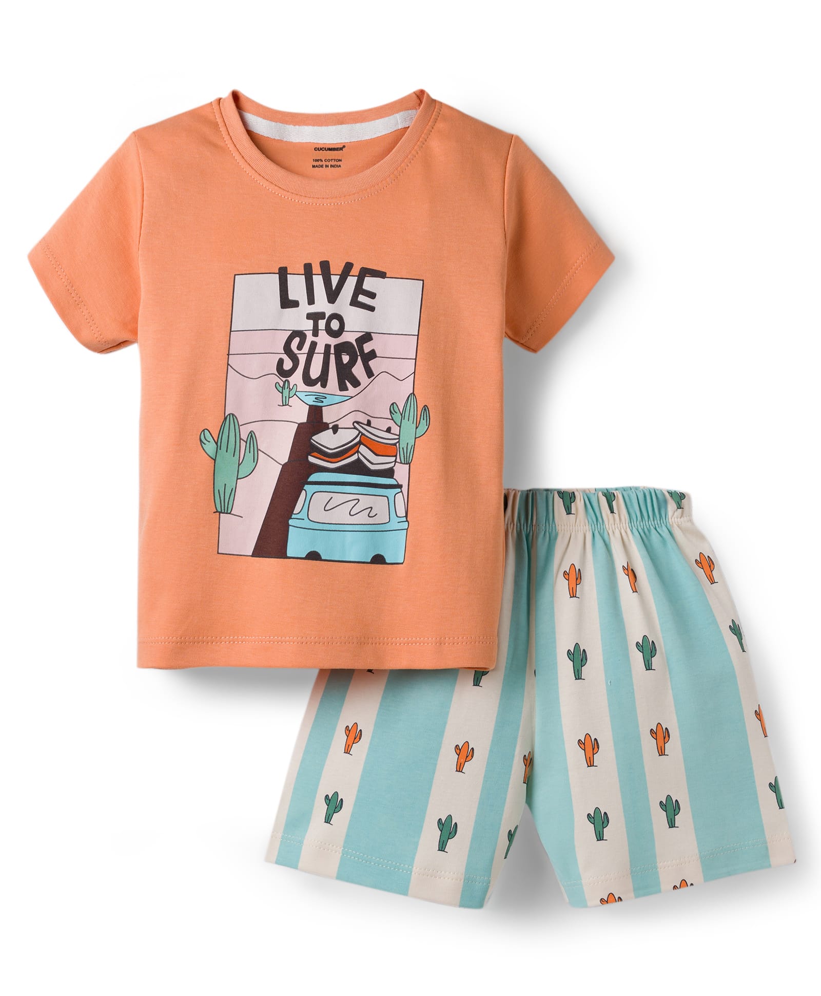 CUCUMBER Sinker Knit Half Sleeves Shorts Night Suit With Text Print - Orange & Light Blue-picture-19