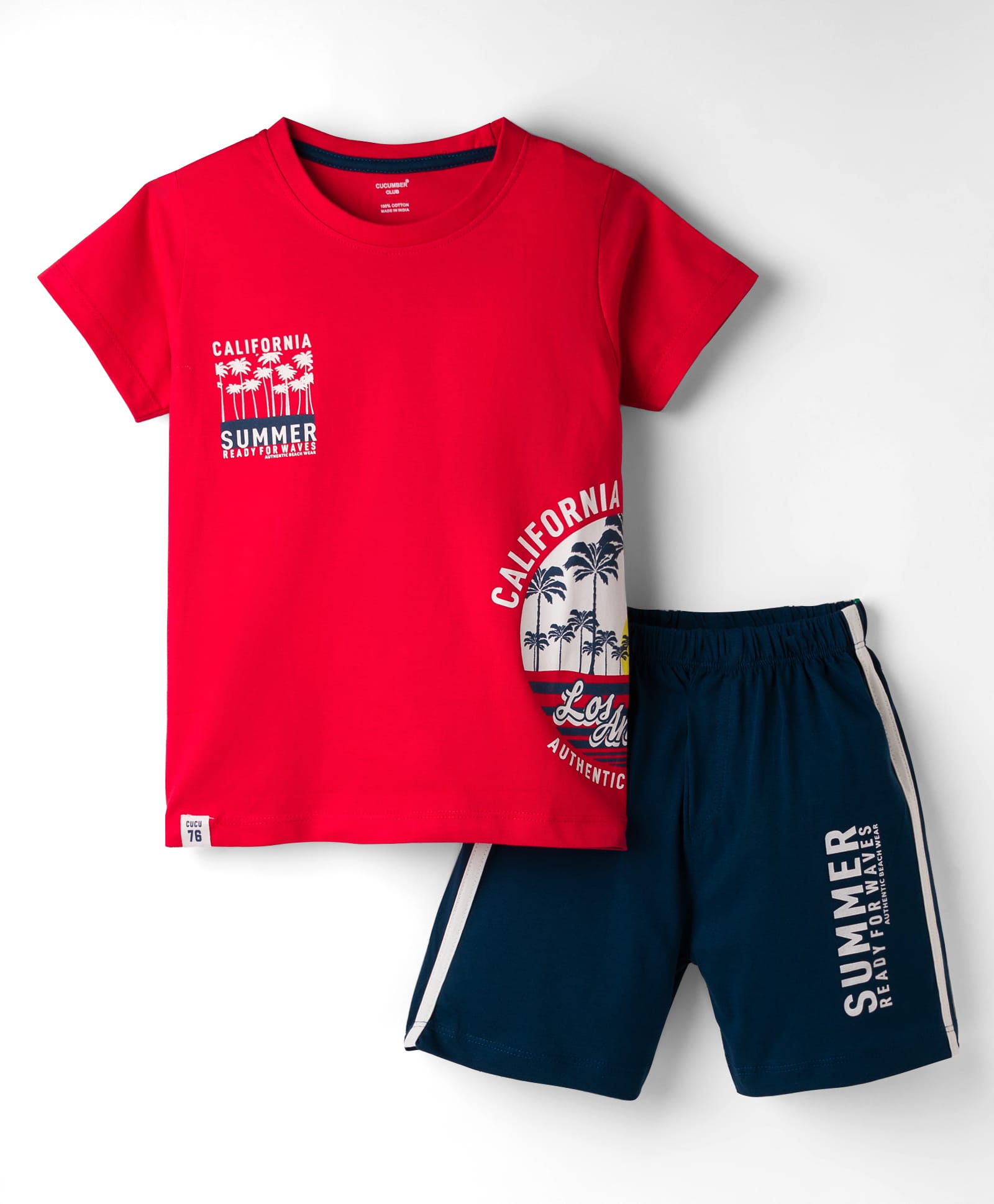 CUCUMBER Sinker Knit Half Sleeves Shorts Night Suit with Beach Theme Print - Red-image-35