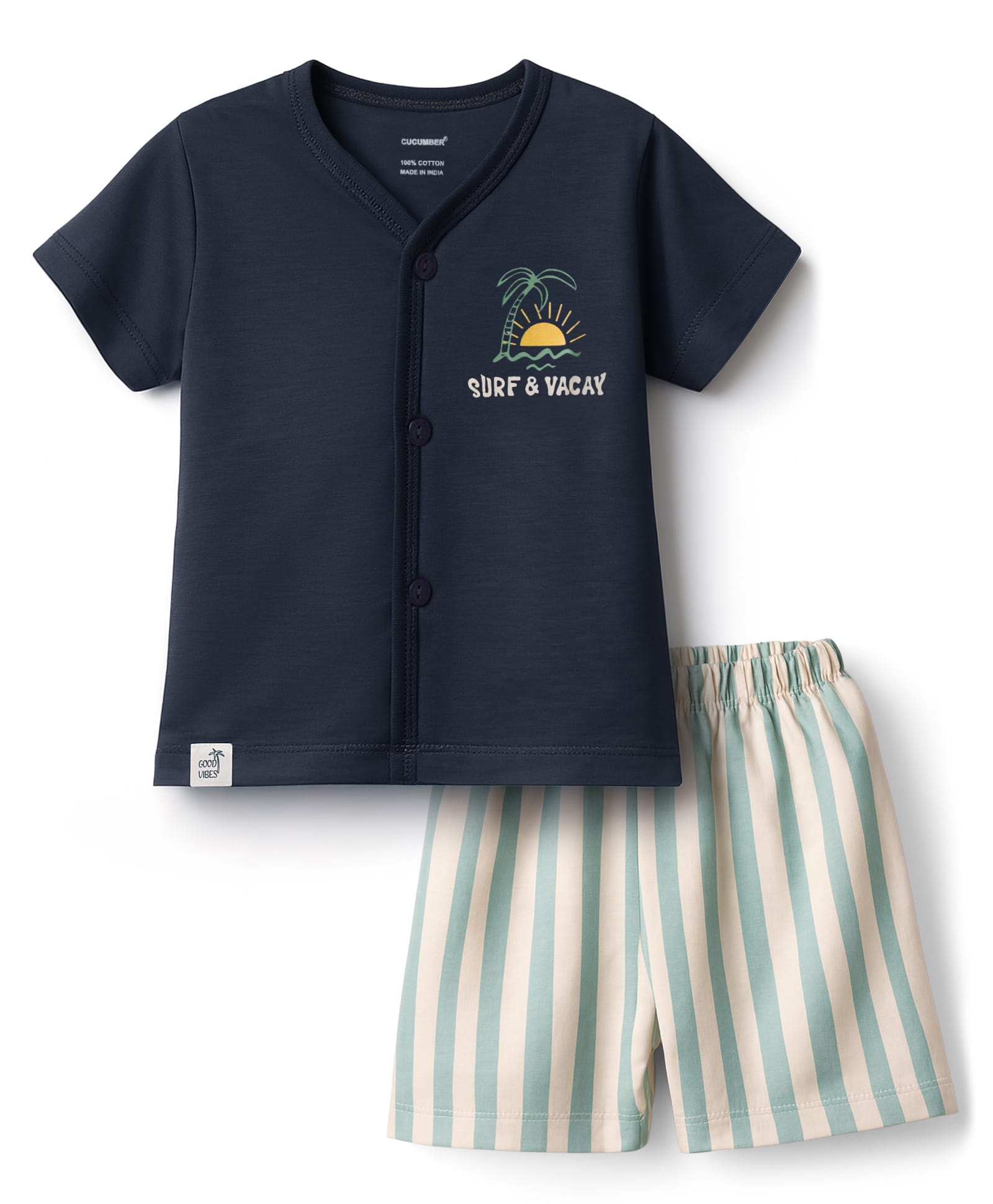 CUCUMBER Sinker Knit Half Sleeves Front Open Shorts Night Suit With Surfing Print - Charcoal Grey-image-13