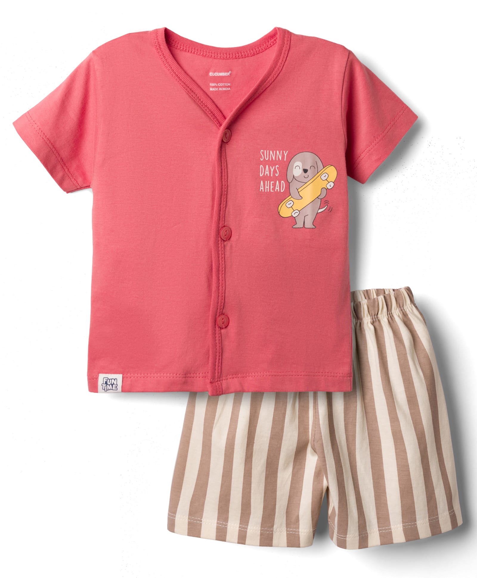 CUCUMBER Sinker Knit Half Sleeves Front Open Shorts Night Suit With Dog Print - Pink-image-8