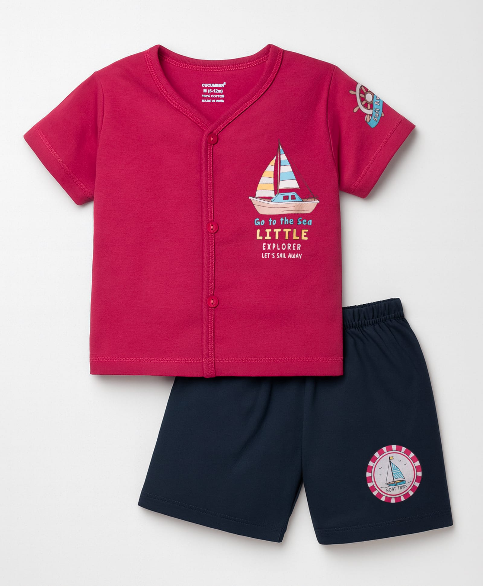 CUCUMBER Sinker Knit Half Sleeves Front Open Shorts Night Suit with Nautical Theme Print - Red-image-18